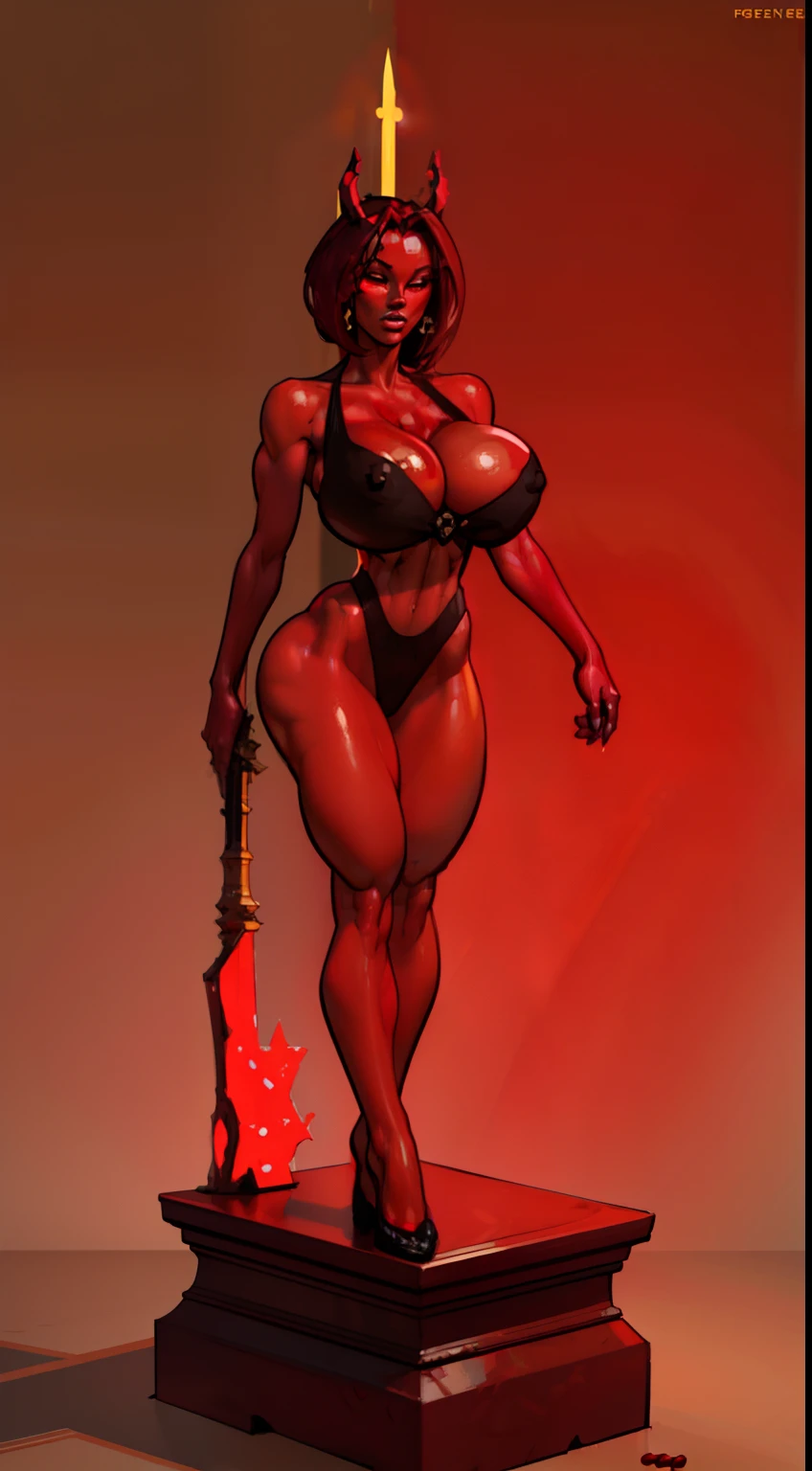 1girl, beautiful (((dark devil empress))), detailed eyes, (((detailed face))), mature face, athletic body, looking at viewers,full body, light smile,(gigantic breasts:1.4)detailed skin, colored skin(dark red skin:2.4), horns on head, (((bald:1.4))), mature body, tall body,seductive body,medium big breast, medium thigh,((no hair1.8)), spike pasties,detailed clothes BREAK desert and skull shoulders, holding only one long and thick dark scepter, highly saturating beams, holy ceremony, golden and red spark dazzling around, crown , golden majical lightning, best quality, masterpiece, trending on Art station,BREAK,Detailed,Realistic,4k highly detailed digital art,octane render, bioluminescent, cinematic lighting BREAK 8K resolution concept art, realism,by Mappa studios,masterpiece,best quality,official art,illustration,ligne claire,(cool_color),perfect composition,absurdres, fantasy,focuse, red and gold color palette,(((stands on cracked pedestal)))