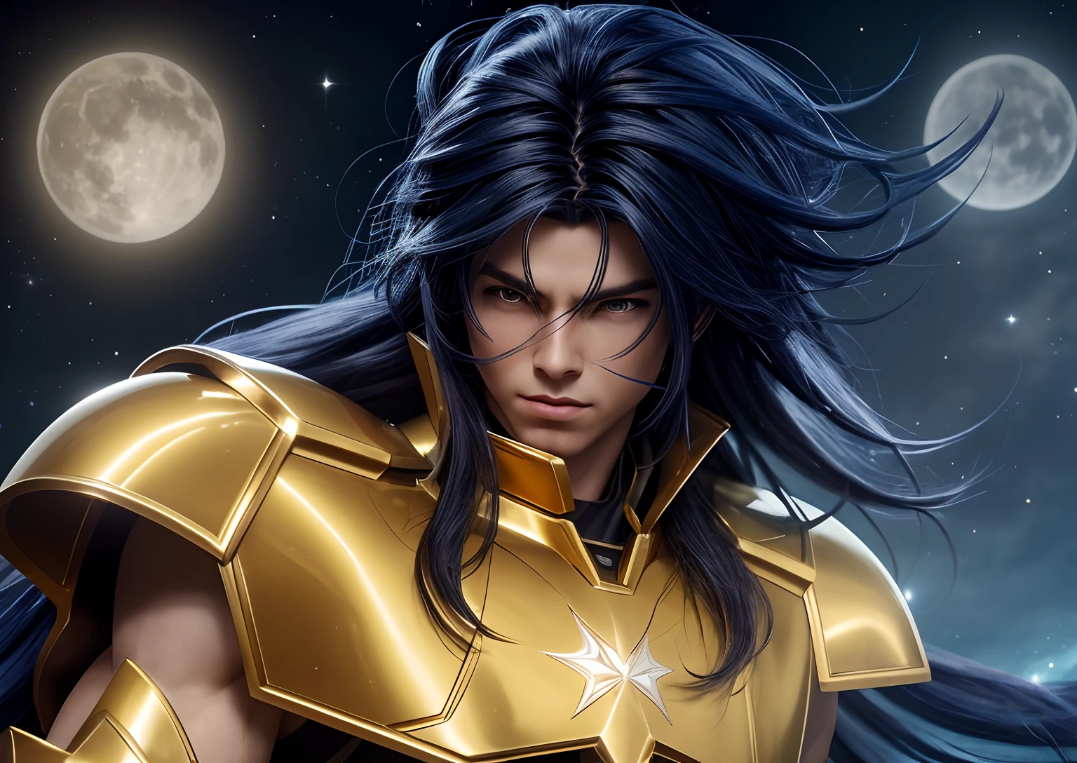 cinemactic, incrivelmente detalhado e ultrarrealista Saga go gemini de Saint Seiya. fechar para cima. He's warring on pretty realistic golden armor. Armadura dourada brilhante. armadura de ouro detalhada. Octane is the perfect tool to capture the softest details of this 16k photography masterpiece. He is a handsome white man about 40 years old. . beautiful face. Homem branco. Rosto detalhado. Nariz bonito. (Olhos azuis bonitos). olhos perfeitos. depilado. face de diamante. Ele tem um longo cabelo liso e liso e faixas. ((depilado)). He's staring his enemy in the face. Various stars in the background of the night.