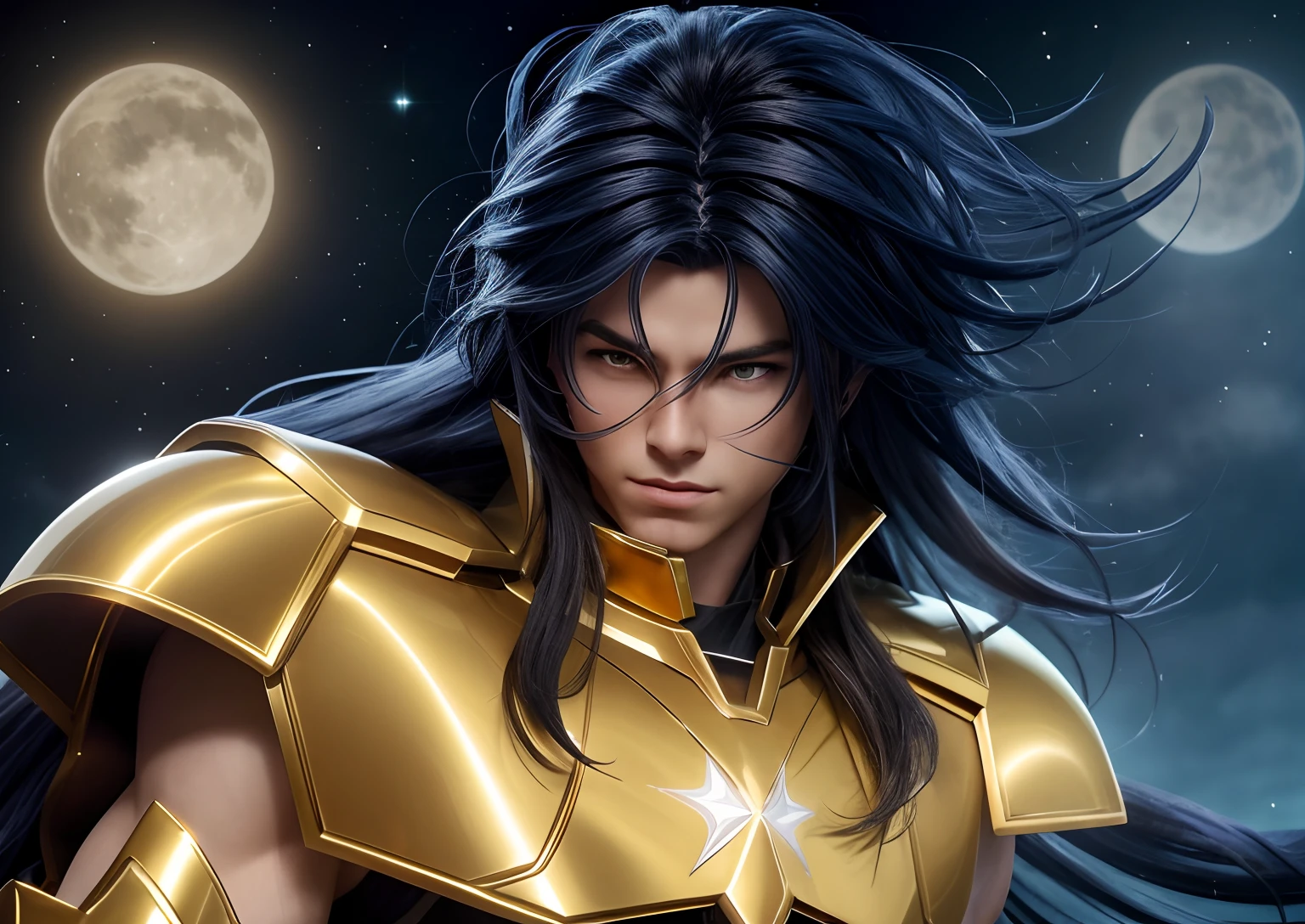 cinemactic, incrivelmente detalhado e ultrarrealista Saga go gemini de Saint Seiya. fechar para cima. He's warring on pretty realistic golden armor. Armadura dourada brilhante. armadura de ouro detalhada. Octane is the perfect tool to capture the softest details of this 16k photography masterpiece. He is a handsome white man about 40 years old. 1st grade. beautiful face. Homem branco. Rosto detalhado. Nariz bonito. (Olhos azuis bonitos). olhos perfeitos. depilado. face de diamante. Ele tem um longo cabelo liso e liso e faixas. ((depilado)). He's staring his enemy in the face. Various stars in the background of the night.