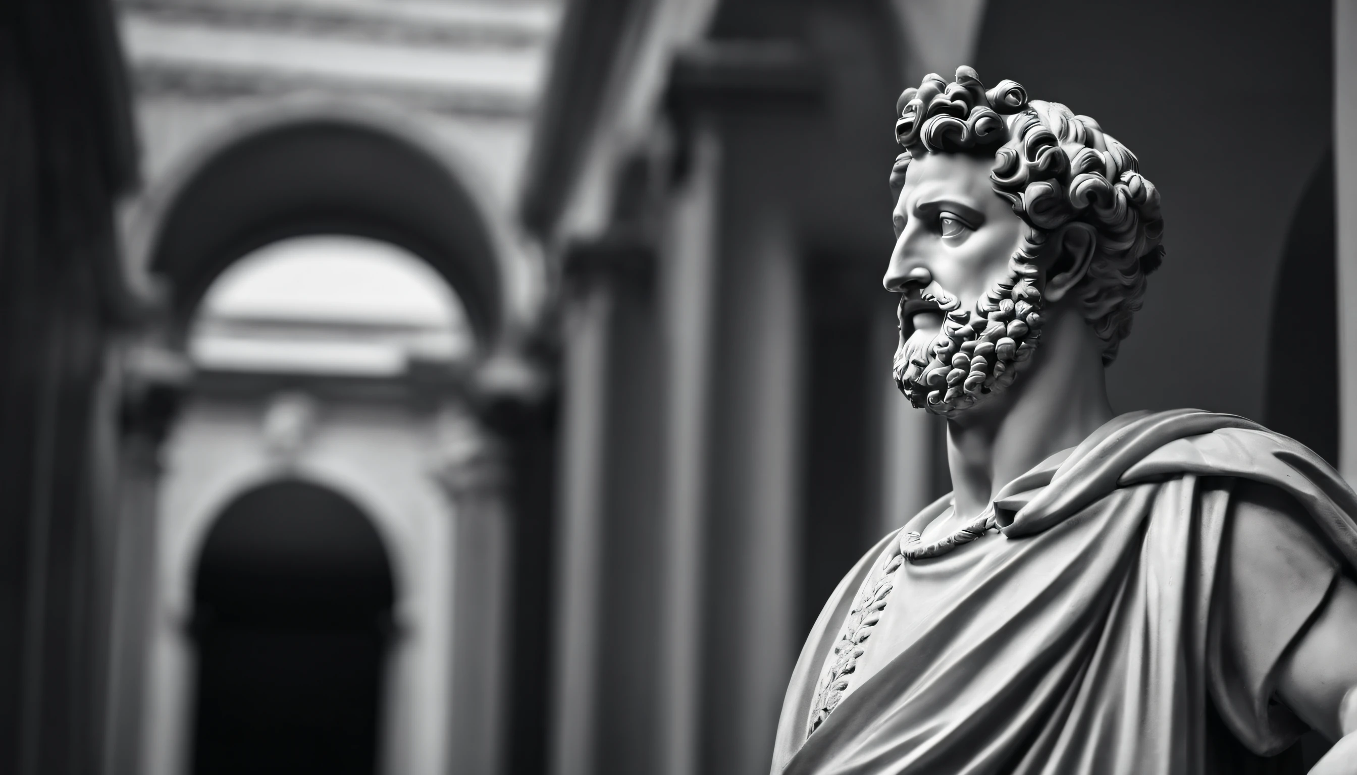 a statue of the stoic Marcus Aurelius in black and white 4K,Face de lado, papel de parede super realista, corpo forte, sem camisa, tronco forte, barriga forte