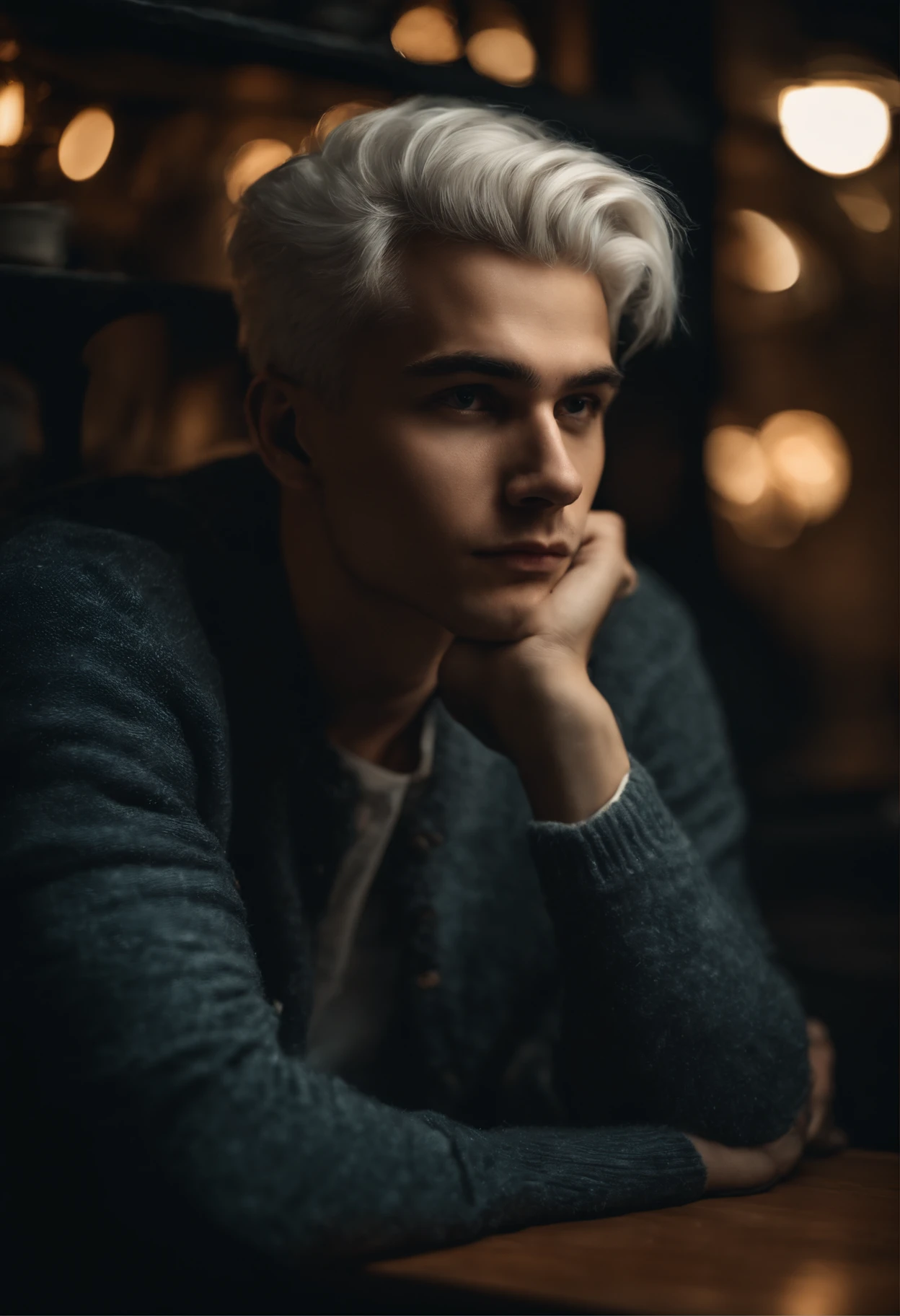 young man, 20 years old, white hair, portrait photo, sitting looking out the window, sad, night light, tea shop background, reality photo, reality skin