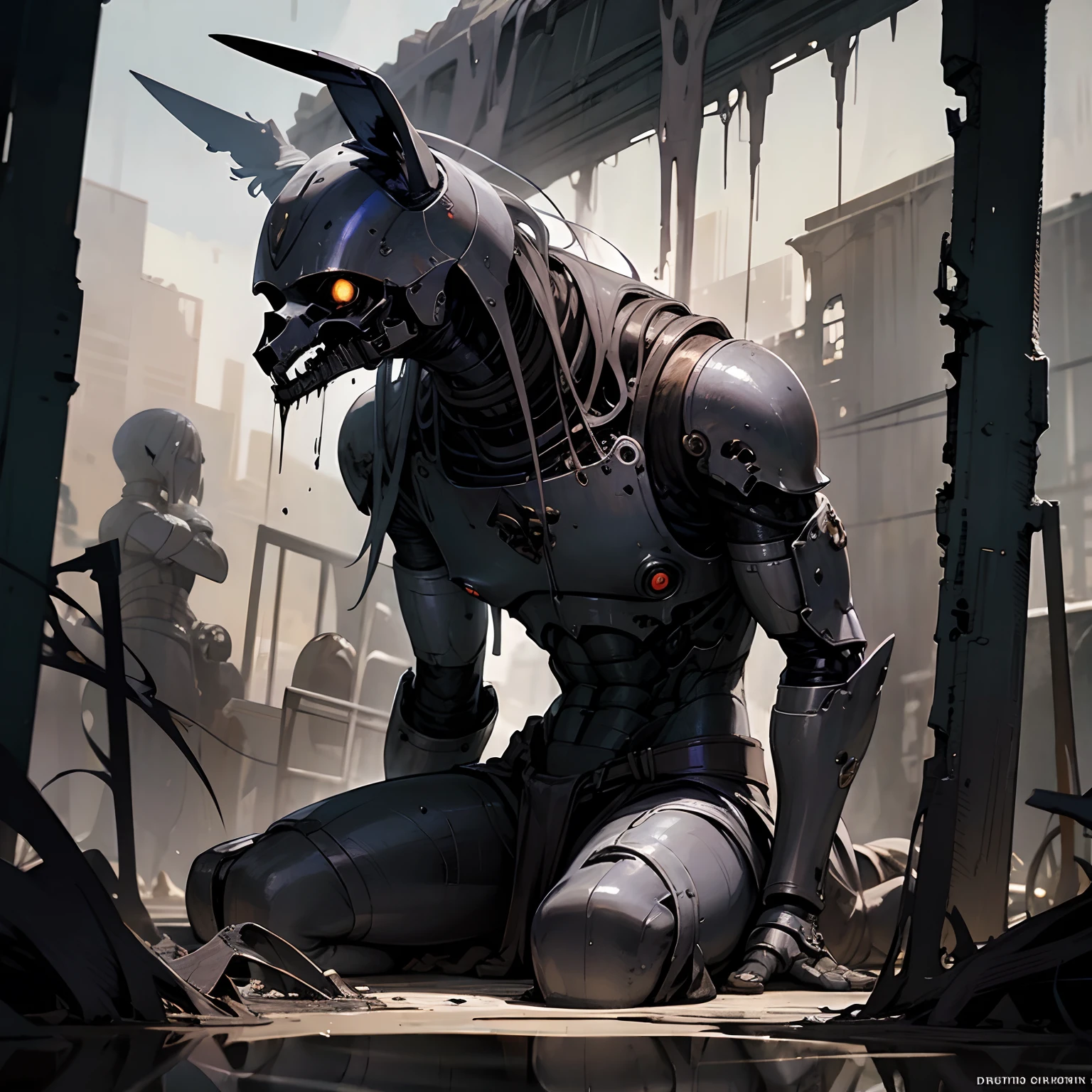 A polished metal statue of Anubis in a ruined post-apocalyptic city, sci-fi, fantasy, horror, skulls on the ground, blood, Tornado, Roman, Empty chairs,Tangled roots,Key, Warped,Mangled,Ethereal, (Isolation:1.1), (Glaze:1.1), (Reflected light:1.2), Glass, Polygon, ultra detailed, intricate, oil on canvas, dry brush, (surrealism:1.1), (disturbing:1.1)