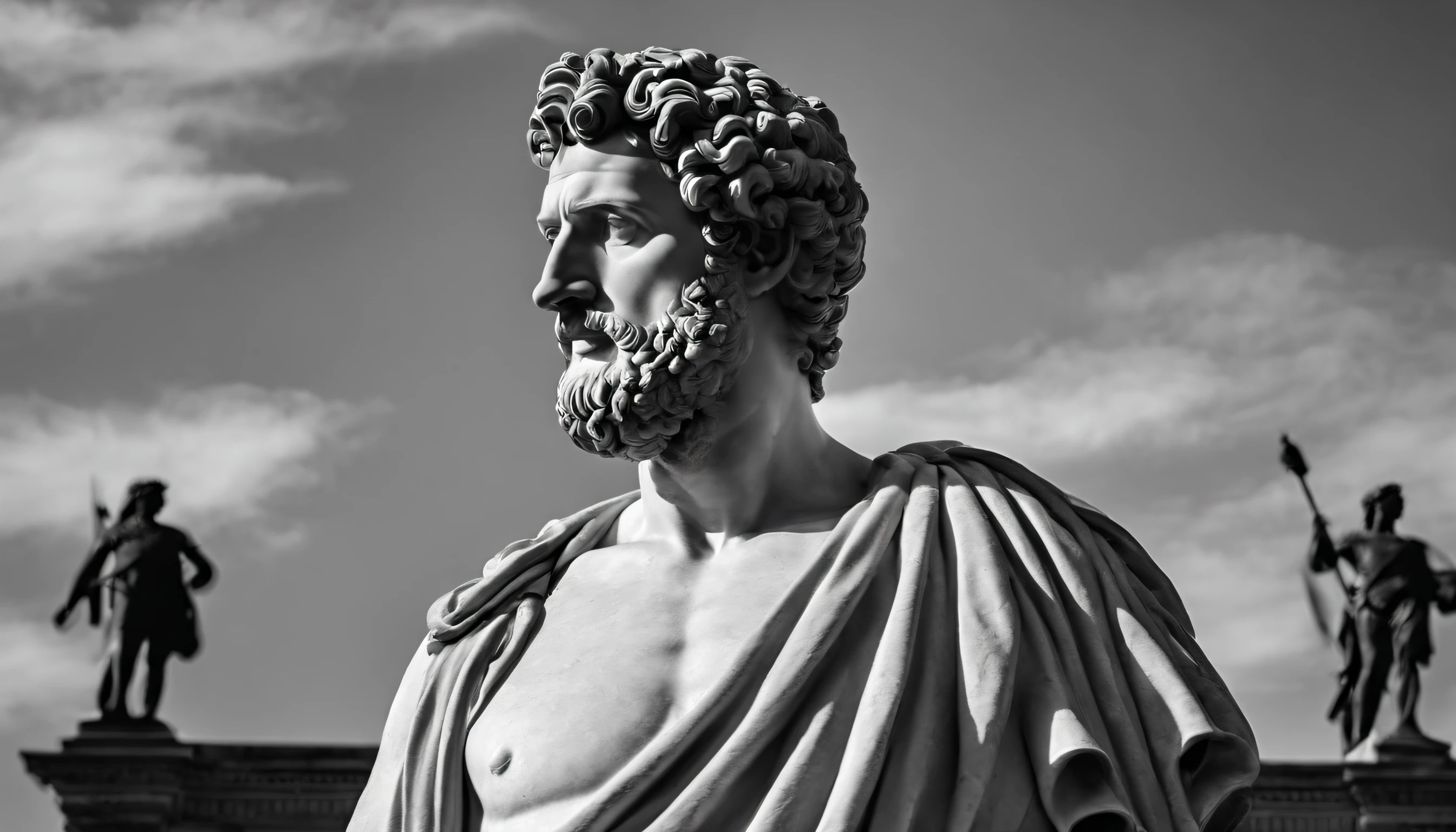 a portrait statue of the stoic Marcus Aurelius in black and white 4K,Face de lado, papel de parede super realista , sem camisa, Sintura,corpo forte,strong upper arms,