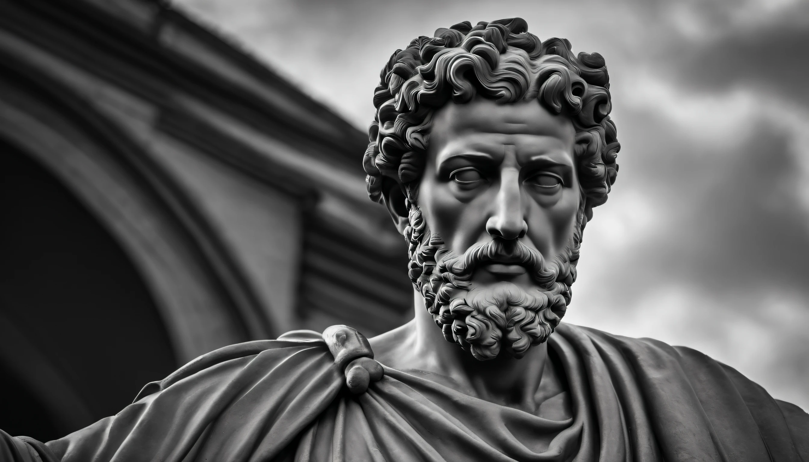 a statue of the stoic Marcus Aurelius in black and white 4K,Face de lado, papel de parede super realista, corpo forte, sem camisa, tronco forte, barriga forte