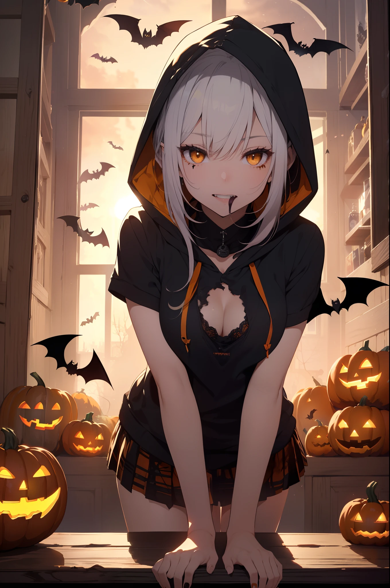 top-quality、Top image quality、​masterpiece、teens girl((18year old,Succubus、Black and orange tattered tank top,Tattered orange and black short skirt、Tattered orange short-sleeved hoodie、Wearing a hood,Best Bust、Bust 85、A dark-haired、Longhaire, (white hair,) yellow Eyes、open chest wide、Valley、Happiness、A slender、Blood coating、Leaning forward、Prank、Laughing mouth、Pointed teeth、Black wings、Pampering、Emphasis on the chest、clow pose, Turn around)）hiquality、Beautiful Art、Background with((window、Red sky、Halloween at night、the bats、pumpkins,Nightmare、Inside the hall of Halloween、Wooden table、Wooden chair))、masutepiece、Elaborate design、visualart、Theatrical films