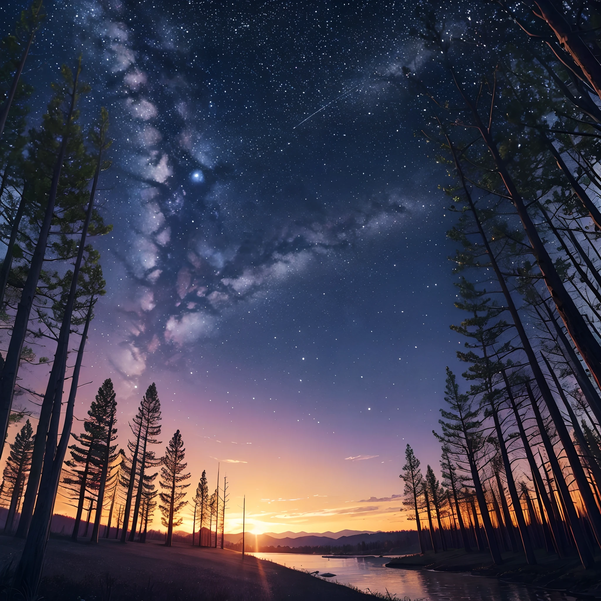 Monde fantastique, starry night sky, forest few trees,river, sunset,