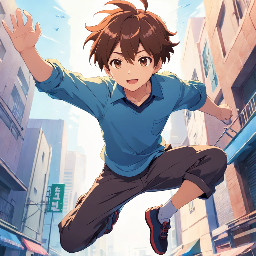 Cartoon boy with brown hair and blue shirt jumping in the air, character is flying, 2 d anime style, 2d cartoon, 2D Cartoon, shounen jump, In anime style, in an anime style, Cartoon Art Style, an animated character, anime style character, [ Digital art ]!!,, jumping posture, Simple cartoon style
