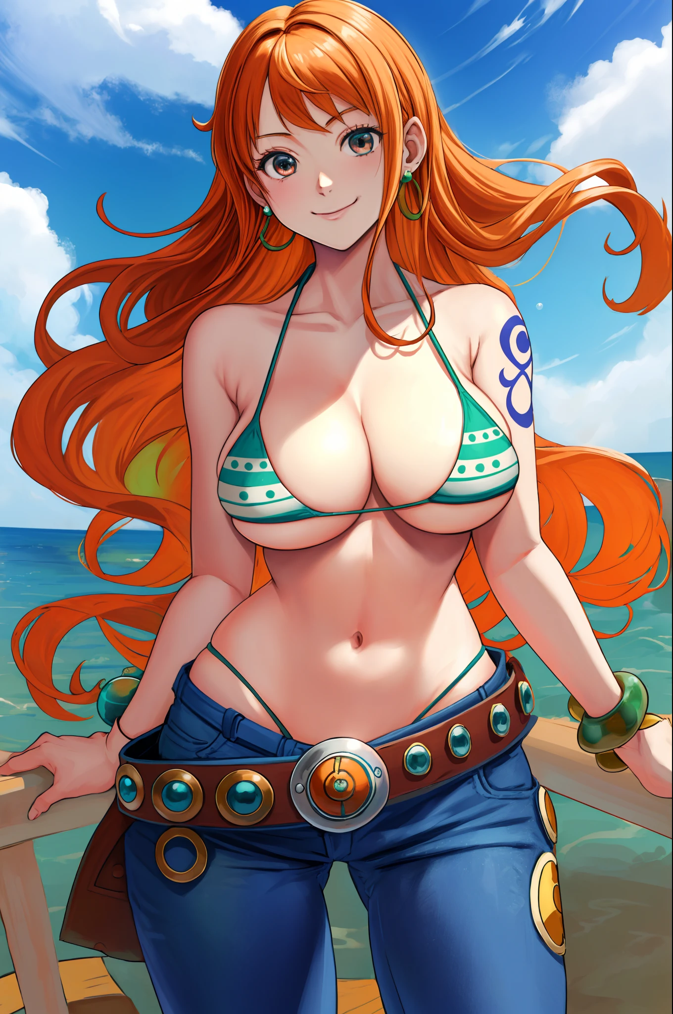 detailed background, masterpiece, best quality, 1girl, wide anime eyes,solo, nami \(one piece\), 1girl, bangle, bangs, bare shoulders, belt, bikini, bikini top only, blue sky, bracelet, breasts, brown eyes, bubble, cleavage, cloud, cowboy shot, day, denim, earrings, floating hair, green belt, green bikini, groin, jeans, jewelry, large breasts, log pose, long hair, looking at viewer, navel, orange hair, pants, shoulder tattoo, sidelocks, sky, smile, solo, standing, stomach, swimsuit, tattoo , looking at viewer,whale tail ,thong