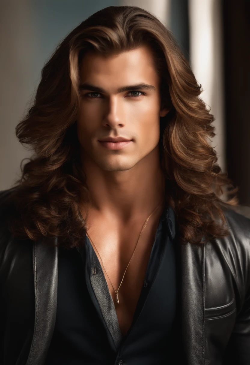 (best quality,realistic,ultra-detailed) An 18-year-old fuckboy, embodying the perfect fusion of Joey Lawrence and Spencer Boldman, captures attention with his long, luscious hair flowing in the wind. He radiates confidence with his strong and perfectly sculpted physique, donning revealing attire that accentuates his muscular form. With a flirtatious smile and intense gaze from his beautiful, detailed eyes, he exudes charm and magnetism effortlessly. The vibrant colors and sharp focus of the image emphasize his youthful energy and sex appeal. The lighting creates a captivating ambiance, casting dramatic shadows that further enhance his rugged masculinity. The artwork, resembling a high-resolution photograph, captures every nuance and detail, making it a true masterpiece.