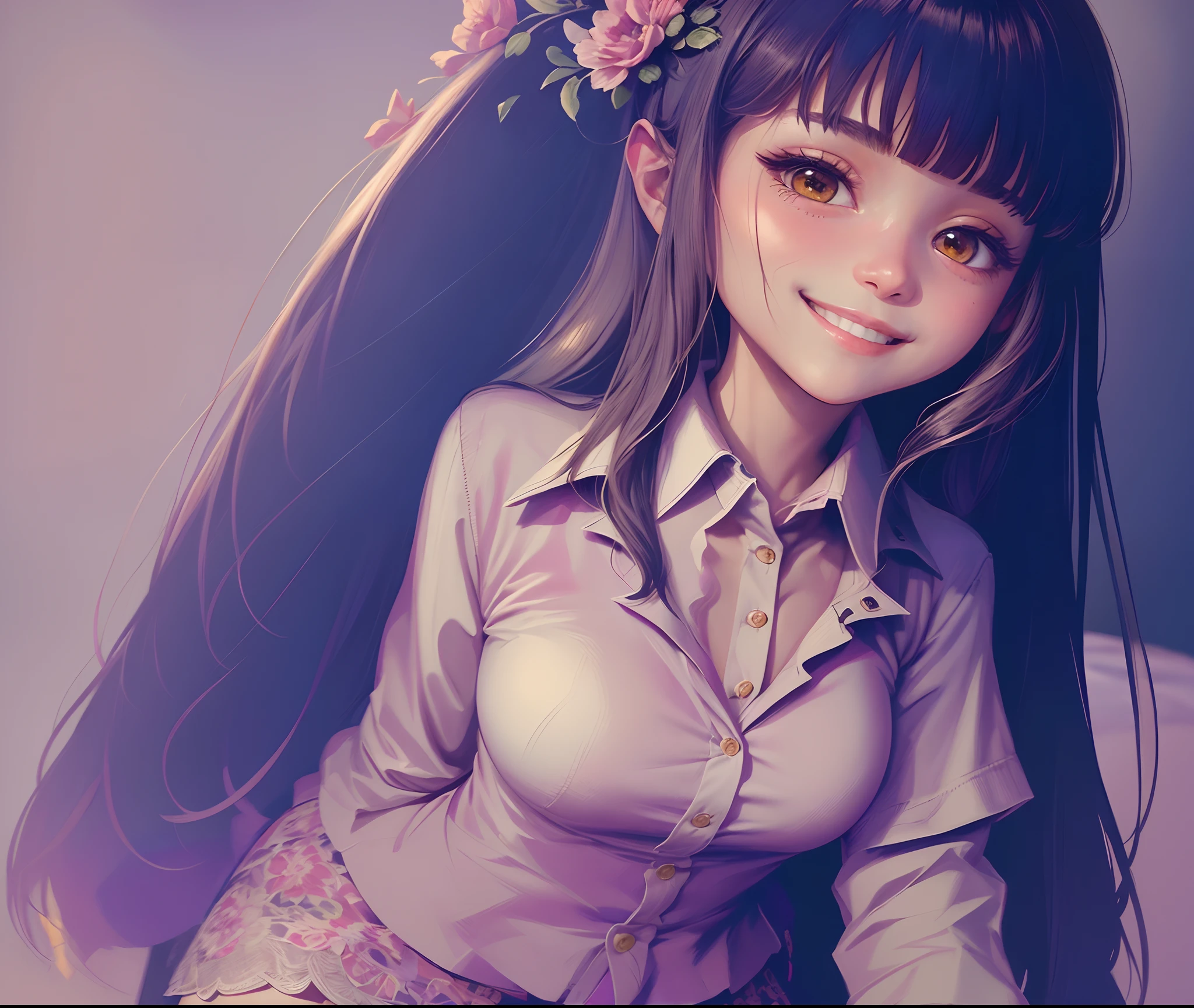 masterpiece, best quality, ultra-detailed, illustration, 1girl, ((looking at viewer)), (cowboy shot), smile, mata ungu,long hair,blunt bangs,on bed,
collared shirt,shirt,skirt,small breast,long hair, empowered, beautiful, detailed, Perhatian, mencintaiku dengan sepenuh hati nya