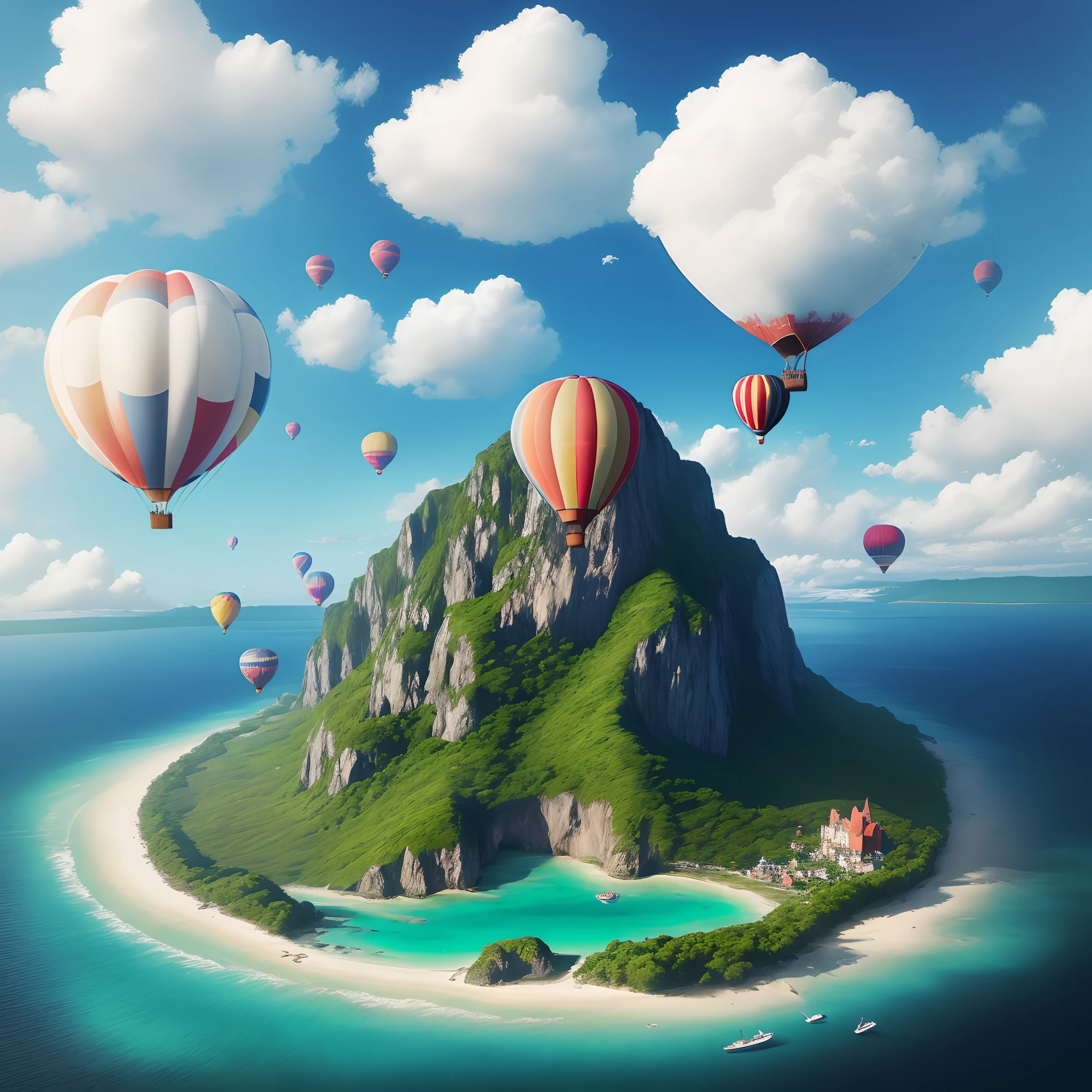 Island with cloud in the sky and hot air balloon