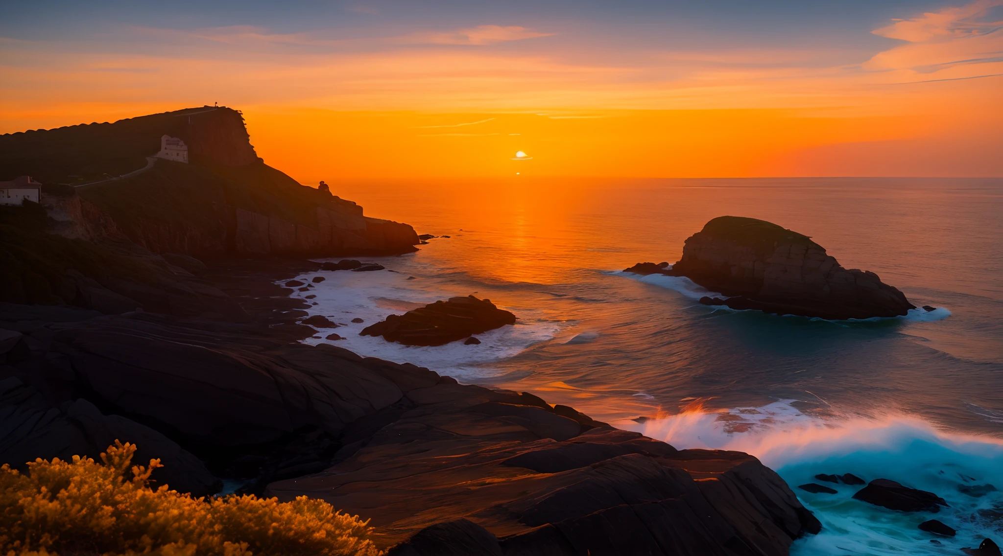 Sunset over the ocean with a rocky coastline and a body of water, Cliffside, Directed by: Alexandre Kucharsky, belas paisagens do mar, Sunset Glow, sunset light, breathtaking landscape, nice sunset, stunning sunset, vibrant setting, Mystical setting, the most beautiful sunset, setting sun, Directed by: Bernardino Maio, luz do nascer do sol, breath-taking, Directed by: Étienne Delessert, beautiful sunset