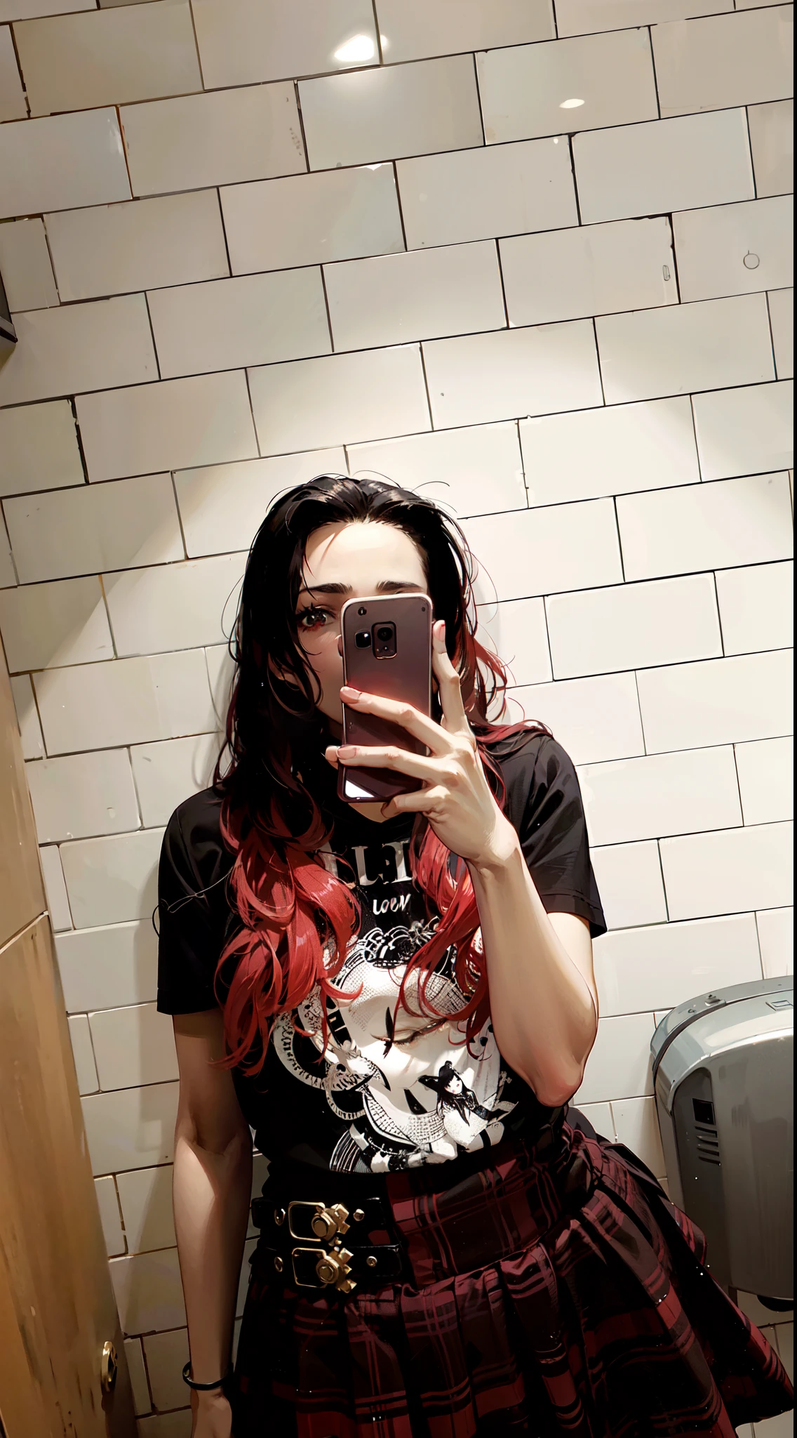 there is a woman taking a selfie in a bathroom mirror, black red long hair!, black and red hair, selfie of a young woman, with long red hair, with red hair, low quality photo, in bathroom, 1 7 - year - old goth girl