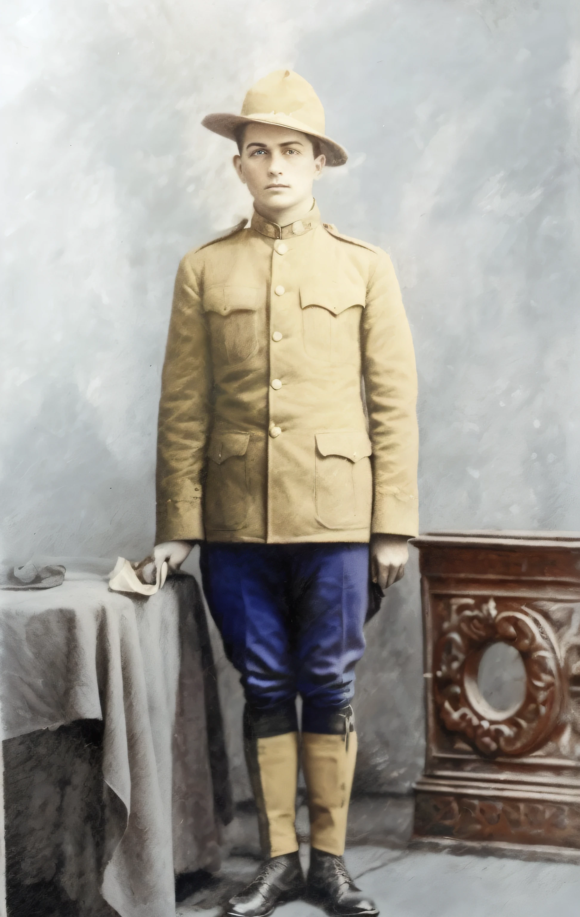 Homem de uniforme ao lado de uma mesa com uma cadeira, colorido, uma foto colorida, fotografia colorida, foto colorida, colorido, hand - tinted, colorido, 1 8 0 0 s soldado, foto colorida premiada, em uniforme de soldado, colorido 1 9 0 4 foto, fundo colorido, foto em cores, fotografia colorida antiga