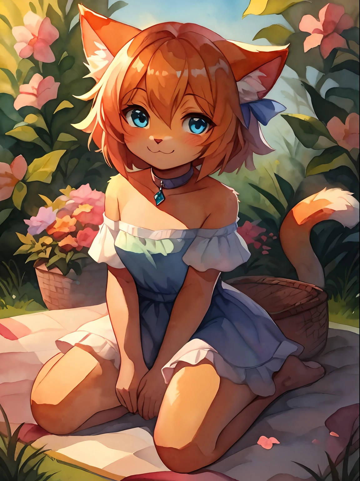 Orange furry cat, within a basket, cute cat , realistic anime cat, cute orange cat with white fluffy fur, within a beautiful pastel valley with various flowers and feathers on the ground, bright green grass, cat has blue eyes , cute cat has orange fur, watercolor backgrounds, a tall tree to the right of the image, a diamond collar on the cat that has blue ribbons