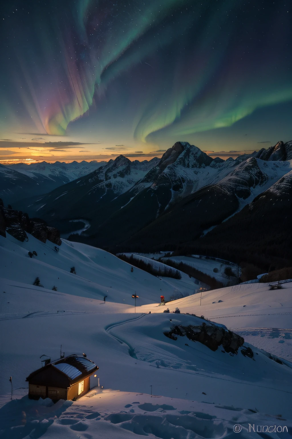 HAPPY BIRTHDAY QUOTE, foco no bolo, em um fundo em degrade de por do sol nas montranhas, alpes italianos, Astronomical environment, nuvens, pegue a chave, aurora