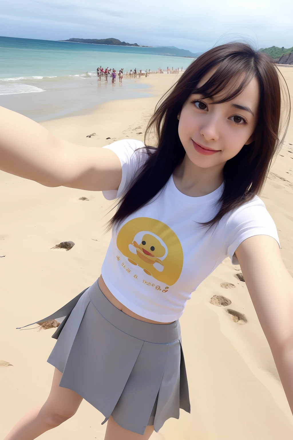 Chica. flaca vietnamita , 26 Years Old, Bana ethnic group of Vietnam, , camiseta white , Pantalones skirt , mirando al espectador , Selfie , , En la Playa de la Roca