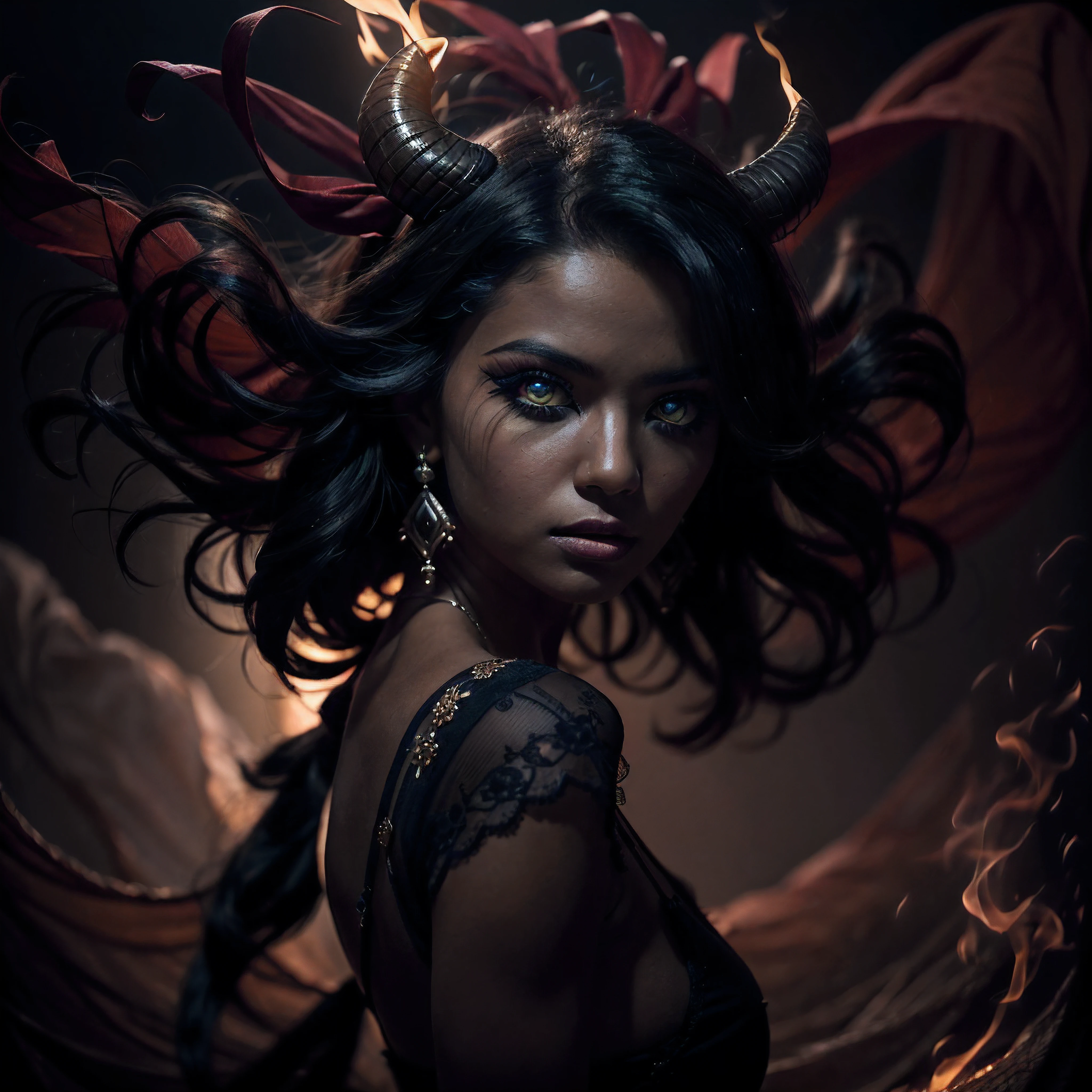 (complex composition:1.3), (detailed and expressive eyes:1.6), (futuristic style), (An exquisite photograph of a female ifrit:1.5), (authentic expression in her eyes: 1.2), (her eyes are portrayed with meticulous attention to detail: 1.3), (wearing dark smoke eye makeup:1.4), The photograph is taken with a lens that emphasizes the depth in her eyes, and the backdrop is a dark studio setting that enhances the colours of the scene. The lighting and shadows are expertly crafted to bring out the richness of her skin tone and the intense atmosphere. Her creative hair adds a touch of contrast against her skin, The overall composition captures her essence with authenticity and grace, creating a portrait that celebrates her heritage and beauty. Photography utilizing the best techniques for shadow and lighting, to create a mesmerizing portrayal that transcends the visual, slightly tilted head,