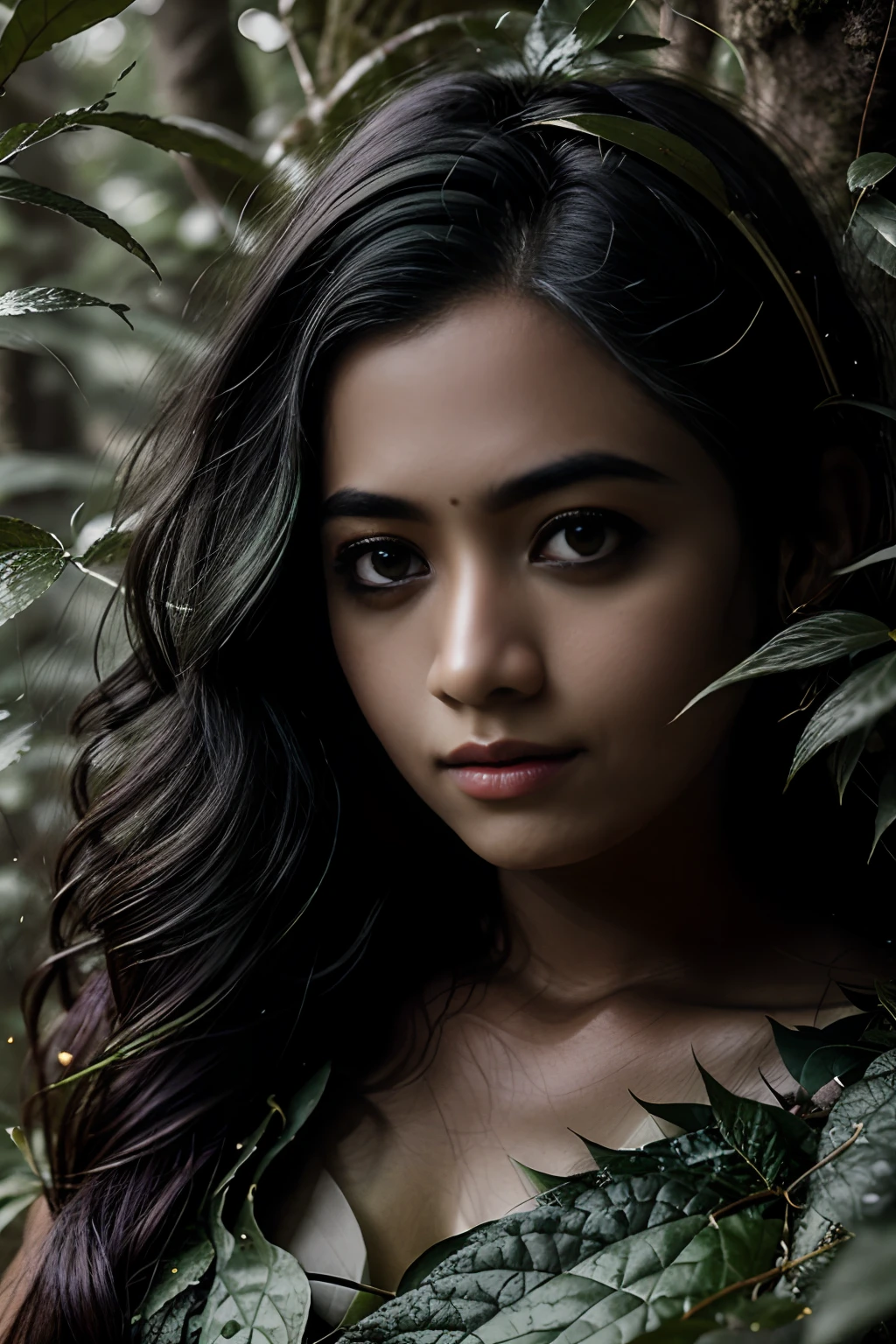 Portrait in forest, mother nature style leaves, hair made of green leaves, dreamlike, young black woman,indonesian, UHD, forest goddess, fairy, dark green clothing, forest, falling leaves, particles, best quality, pose, upper body, looking at the viewer, tetroilluminated, rimlight, beautiful artwork, perfect composition