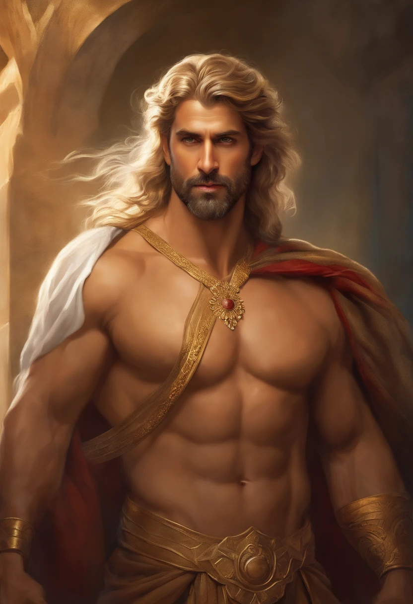 painted portrait of Hrithik Roshan as a stout zeus, god of thunder, greek god, blond hair, male, mature, handsome, upper body, muscular, hairy torso, fantasy, intricate, elegant, highly detailed, digital painting, art station, concept art, soft, sharp focus, illustration, art by Gaston Bussiere and Alphonse Mucha