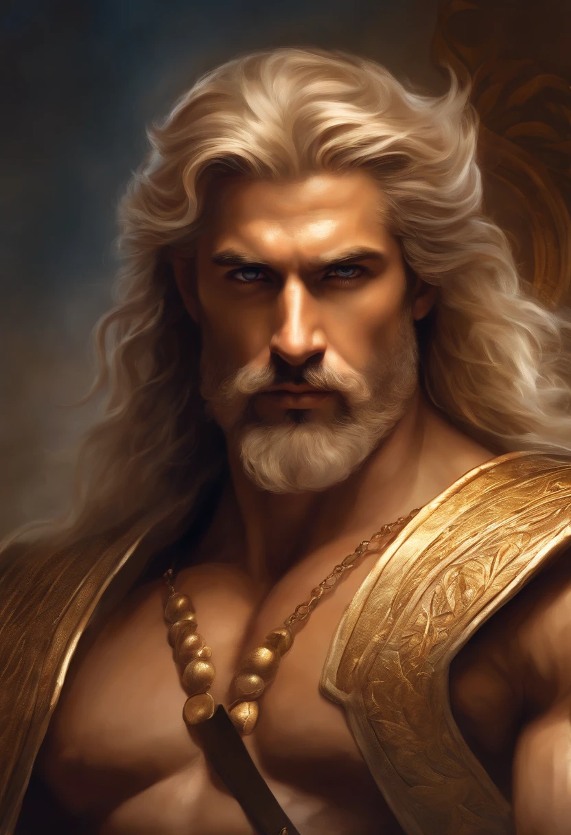 painted portrait of Hrithik Roshan as a stout zeus, god of thunder, greek god, blond hair, male, mature, handsome, upper body, muscular, hairy torso, fantasy, intricate, elegant, highly detailed, digital painting, art station, concept art, soft, sharp focus, illustration, art by Gaston Bussiere and Alphonse Mucha