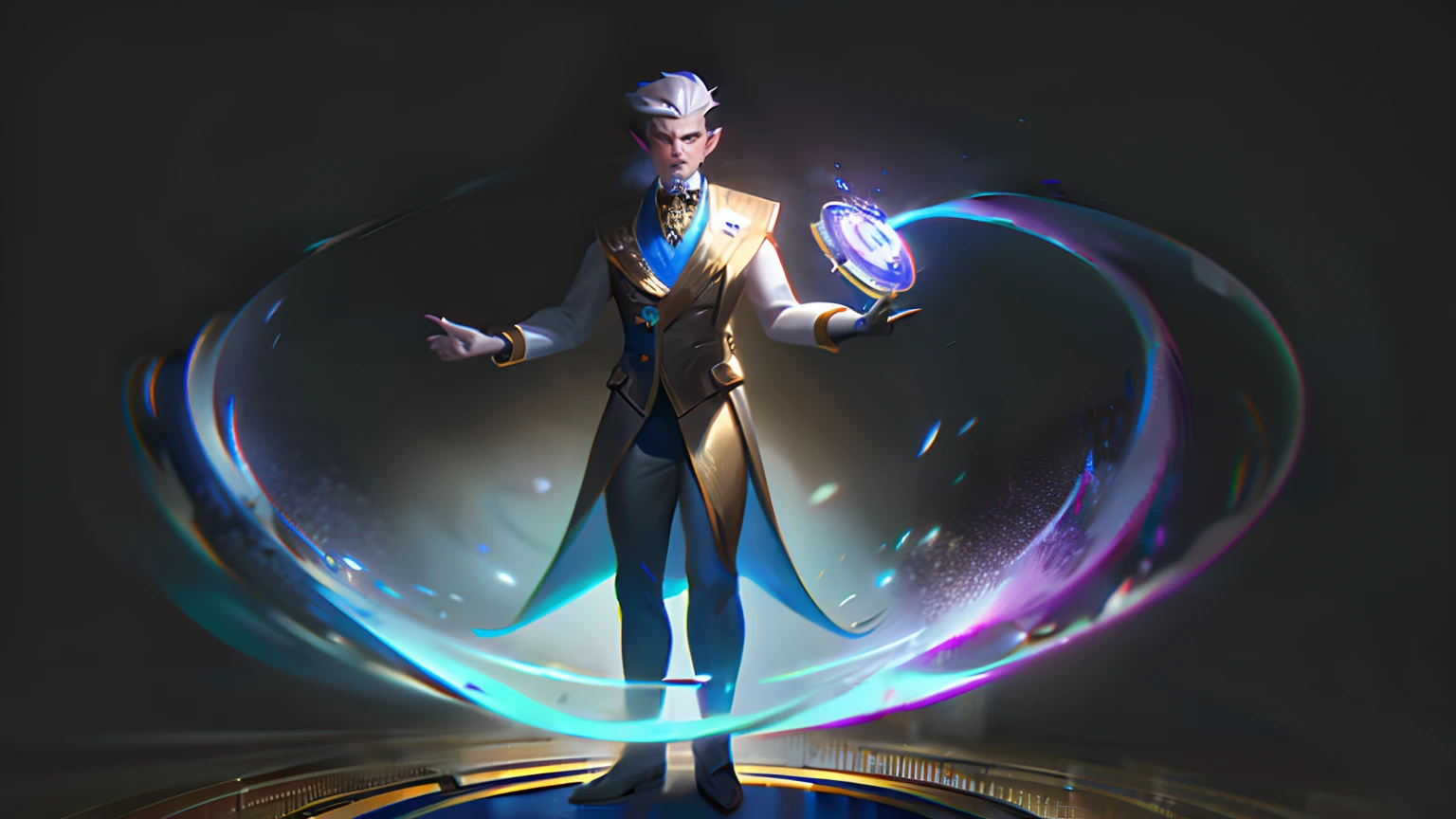 lolsplashart, 1male, light purple-skinned male with pointy ears, black grey ombre hair, wearing a gray double-breasted vest, black tie, gold accenting, holding two glowing blue chakrams, large book on side, action posing, dramatic imagery, league of legends splash art style, masterpiece