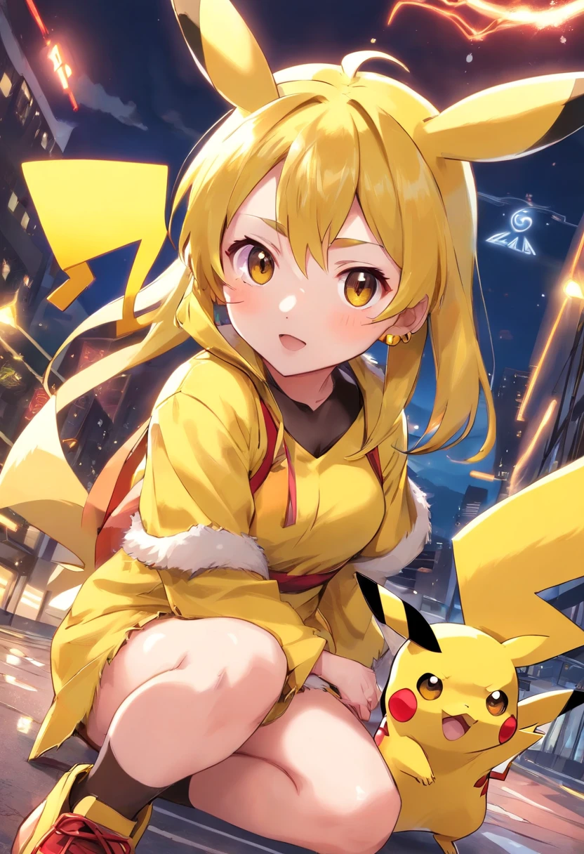 Pikachu is playful and cute,Liveliness and agility,Yellow soft hairs,red blush,sparkling big eyes,Cute little pointed ears。(Pikachu:1.5), wears a Halloween costume