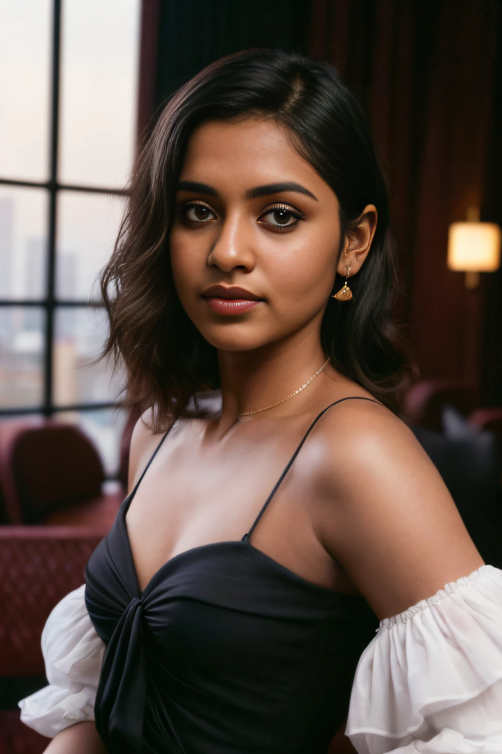 (editorial photograph of a young Indian woman), karla ortiz, (highly detailed face:1.4) (smile:0.7) (backround 5 star hotel , moody, private study:1.3) POV, by lee jeffries, nikon d850, film stock photograph ,4 kodak portra 400 ,camera f1.6 lens ,rich colors ,hyper realistic ,lifelike texture, dramatic lighting , cinestill 800, realistic, wearing Black dobby weave self design fit & flare dress Sweetheart neck Short, puff sleeve Tie-up detail on back Above knee length in flounce hem Attached Lining Chiffon fabric, actress, karla ortiz, posing!!, candid picture, by Max Dauthendey,