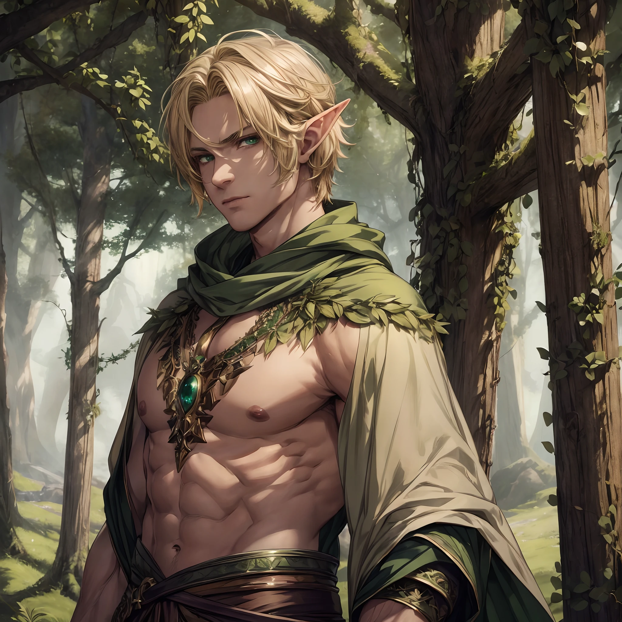 masterpiece, best quality, 1man, adult, male focus, solo, short blonde hair, vibrant green eyes, looking at viewer, closed mouth, druid, Fantasy aesthetics, Highly detailed, shadowverse style, druid, god, muscular, muscle arm, elf, elven ear