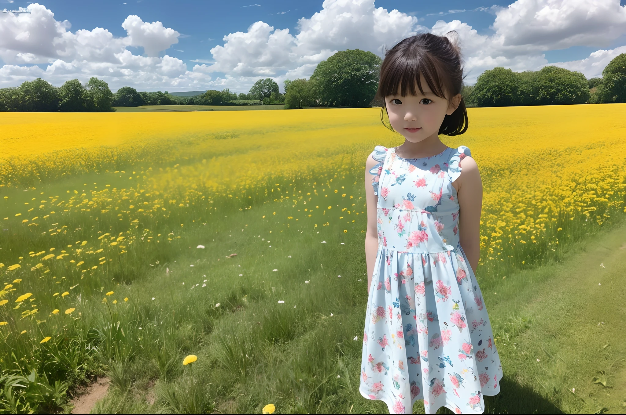 comic strip，Celluloid style，with blue sky and white clouds，Rural idyllic，Cute and cute 5  girl，Floral dress，dandelion，super-fine，8K分辨率，Best Picture Quality，high qulity，Photographic film effect