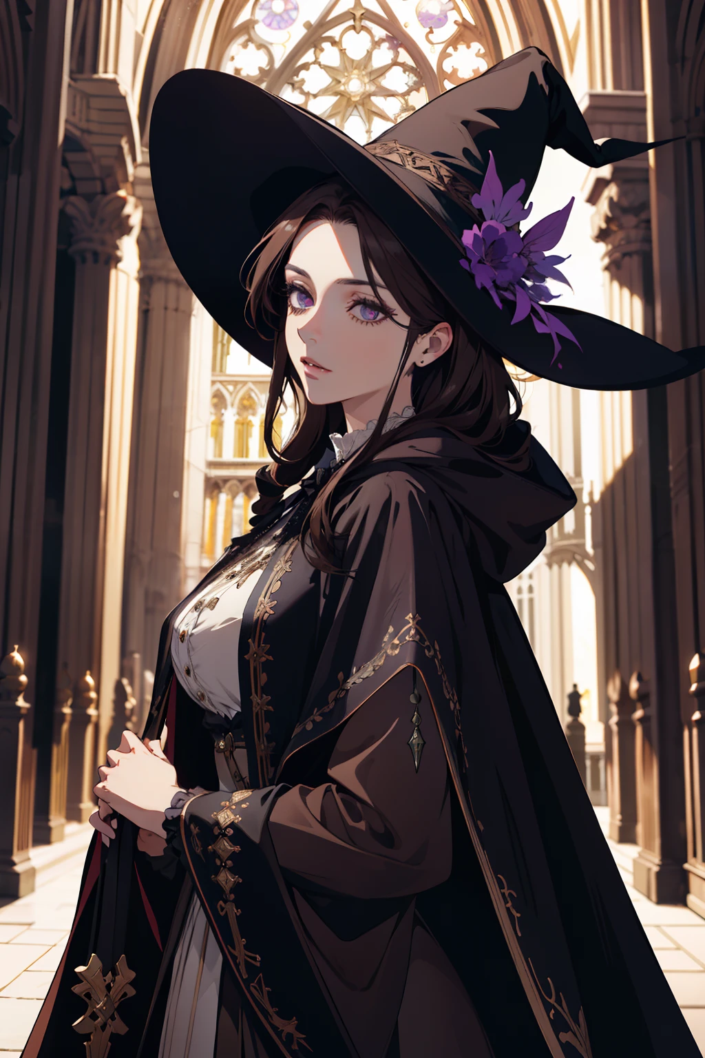masterpiece, (absurdres:1.1), best quality, witch hat extremely delicate, (beautiful face:1.1), elegant, full clothes (great composition), bags under eyes, (dark:1.1), highly detailed exquisite portrait Victorian era inspiration anime - style image of a woman in a brown dress standing in front of a large cathedral pretty female cleric, female cleric, inspired by Li Chevalier, cleric, dressed like witch, majestic saint woman, inspired by Valéria Dénes, npc with a saint's halo, Halloween female protagonist 👀 :8, official character art, masterpiece goddess of sorrow BROWN HAIR purple eye color cloak with hood middle aged woman holiday inspired