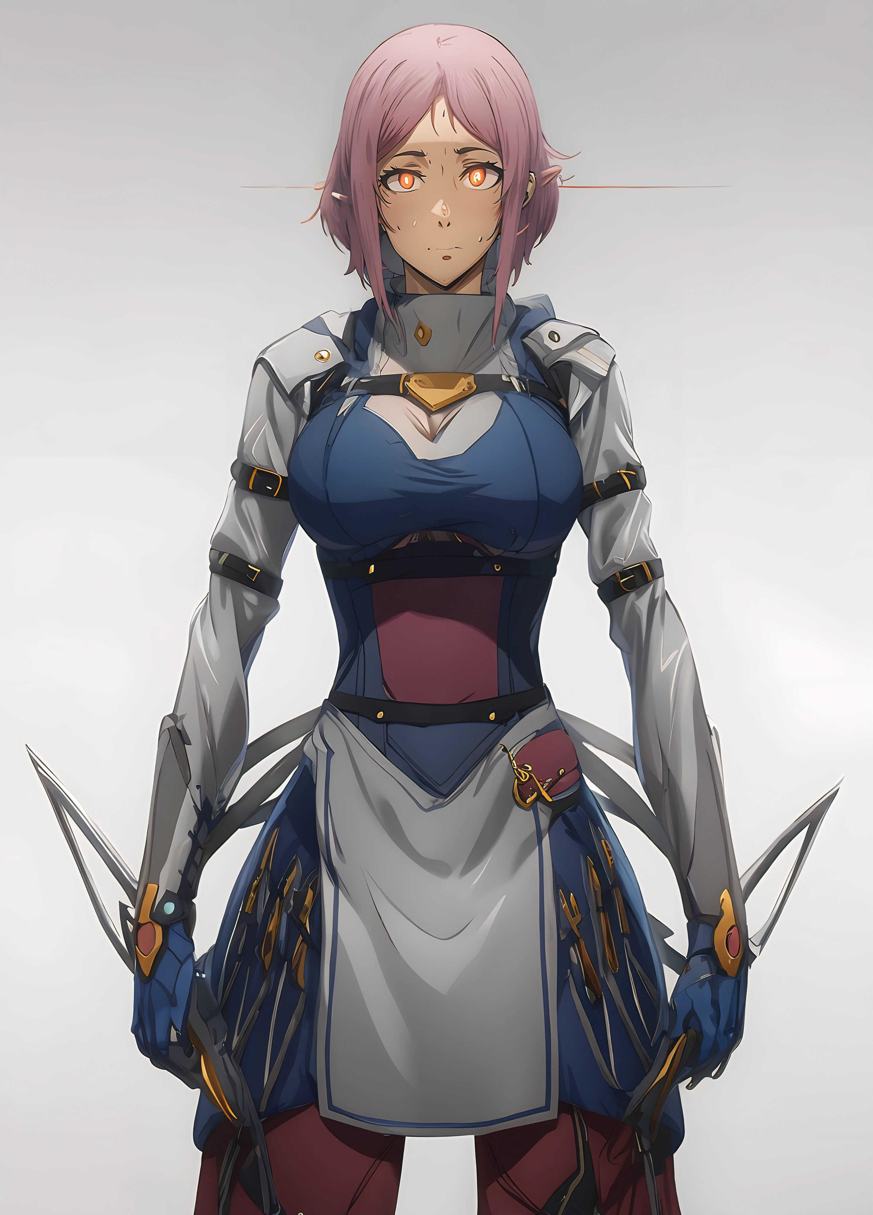 Wolbach from Konosuba, bindi dot, elf ears, (short hair, pink hair:1.6), middle part hair, 1girl, solo, breasts, grey_background, looking_at_viewer, long_sleeves, corset, dress, gradient, gradient_background, holding, large_breasts, blue_dress, gloves, weapon, shirt, puffy_sleeves, waist_apron, glow effects, godrays, Hand drawn, render, 8k, octane render, cinema 4d, blender, dark, atmospheric 4k ultra detailed, cinematic, Sharp focus, big depth of field, Masterpiece, colors, 3d octane render, 4k, concept art, trending on artstation, hyperrealistic, Vivid colors, extremely detailed CG unity 8k wallpaper, trending on CGSociety, Intricate, High Detail, dramatic, anime coloring, anime screencap, looking at viewer