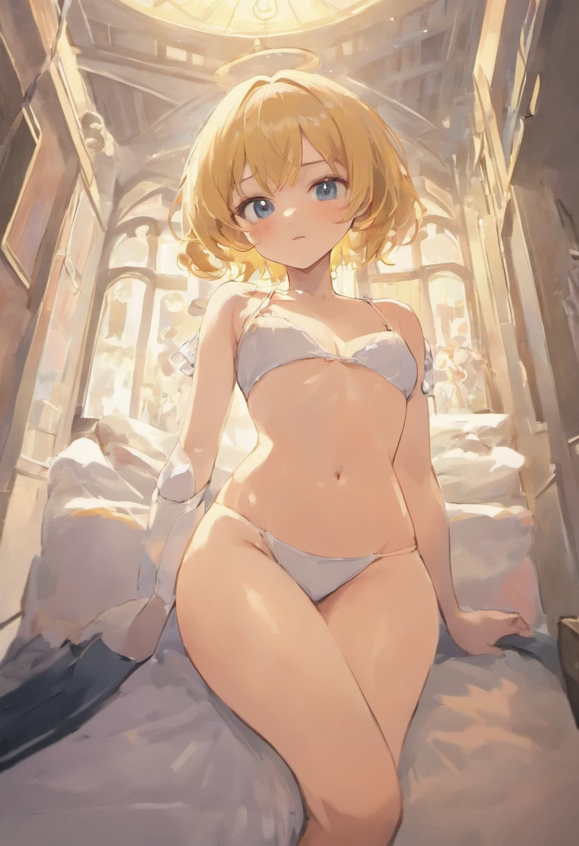 top-quality、Top image quality、masterpiece、girl with((18year old、 White underwear、Best Bust、Bust 85、a blond、Semi-long、Blue eyes、open chest wide、Valley、Happiness、Black wristband on wrist、A slender、耳Nipple Ring、Naughty face、On all fours、on the beds、Get closer to your audience))hiquality、Camera Film Style、Background with((A room with beautiful sunlight))、masutepiece、cool style、Elaborate design、visualart