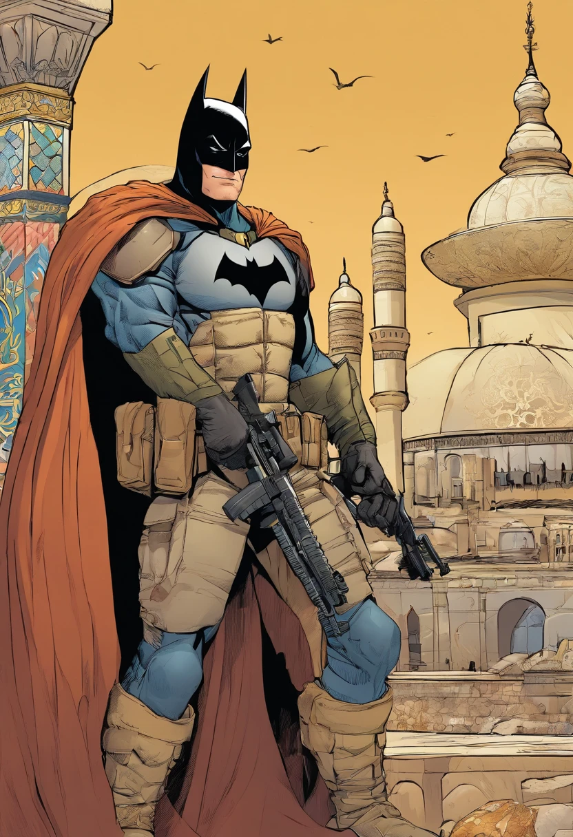 Batman, tan armor, mosque , AK-47 in background. IEDs in background.