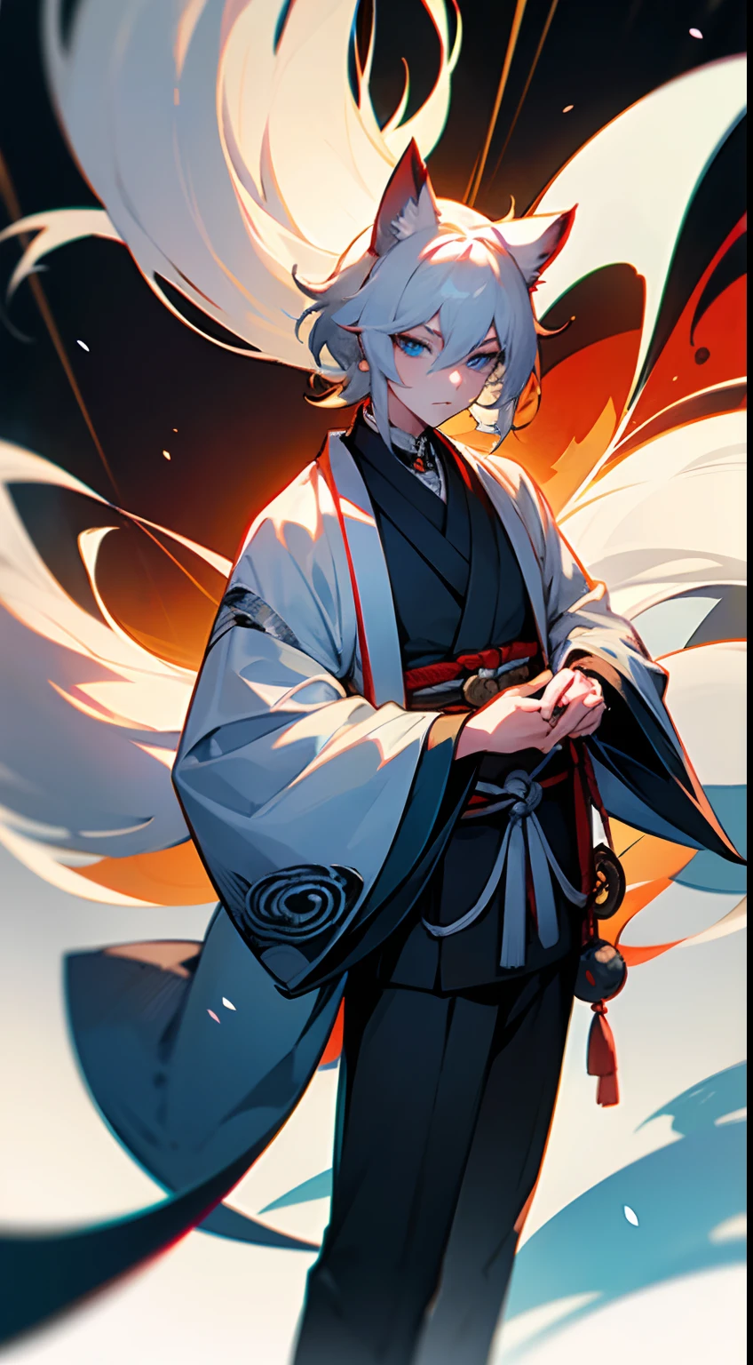 Facing this way，There is a man with white hair and cat ears, White-haired fox, inspired by Bian Shoumin, God, Kimono， handsome japanese demon boy, fox nobushi, heise jinyao, White fox ears, Cai Xukun's, sakimichan, onmyoji detailed art, Inspired by Hong Ren，Beautiful blue eyes，front facing，full bodyesbian，Standing Picture, Facing the front，The whole body is shown