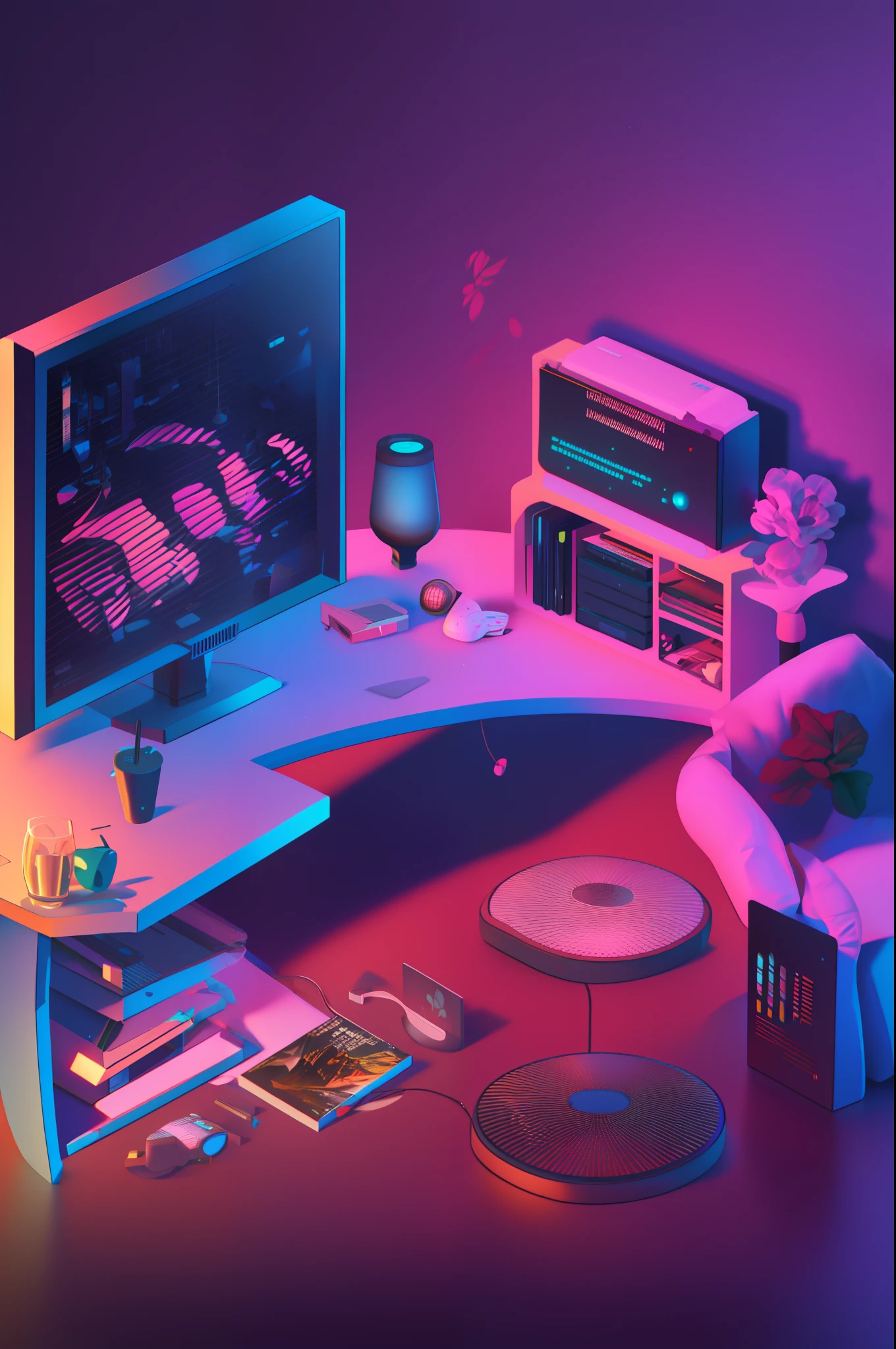 Isometric Music producers computer desk, speakers, monitors, marijuana bong, soft light lamp, cinematic, raytracing, modeling, octane render,unreal render,behance,best quality, 8k,