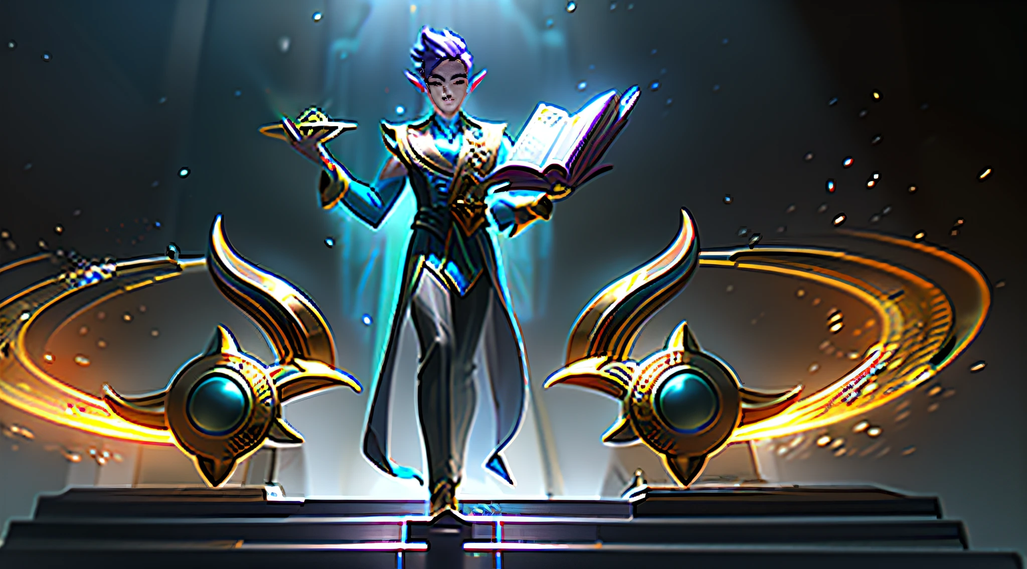 lolsplashart, 1male, light purple-skinned male with pointy ears, black grey ombre hair, wearing a gray double-breasted vest, black tie, gold accenting, holding two glowing blue chakrams, large book on side, action posing, dramatic imagery, league of legends splash art style, masterpiece