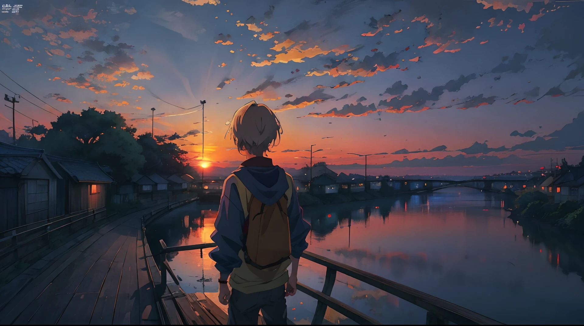 A anime boy watching sunset from an old bridge from backside