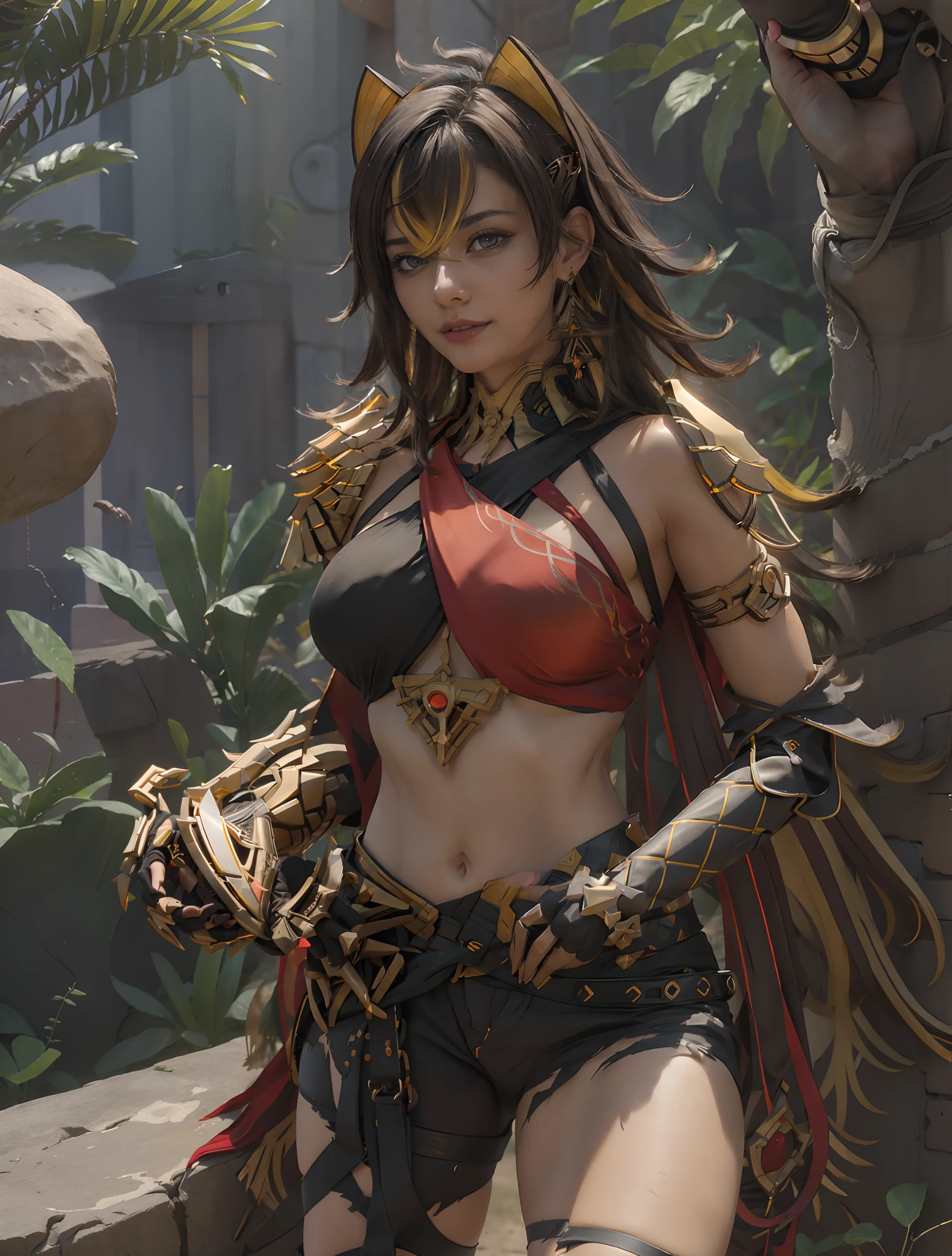 25-year-old girl, In Battle Suit, Armor dress, generous cleavage, full-body-shot, thigh gap, Vermilion hair, shingle, suntanned skin. (intricate details:0.9), (HDR, hyper-detailing:1.2), (natural skin textures, hyper realisitc, soft light, Sharp), Photos in RAW and 35mm format, (Intricate Detail 1.5).