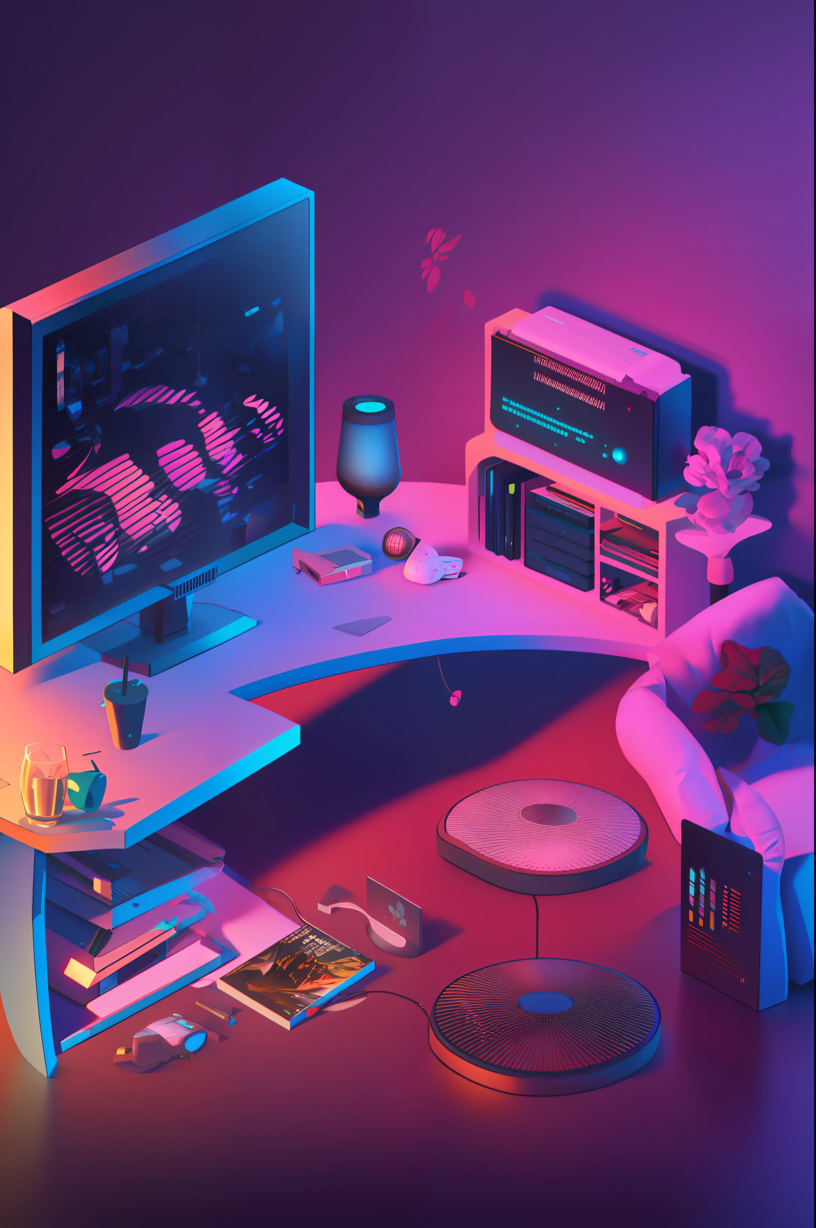 Isometric Music producers computer desk, speakers, monitors, marijuana bong, soft light lamp, cinematic, raytracing, modeling, octane render,unreal render,behance,best quality, 8k,