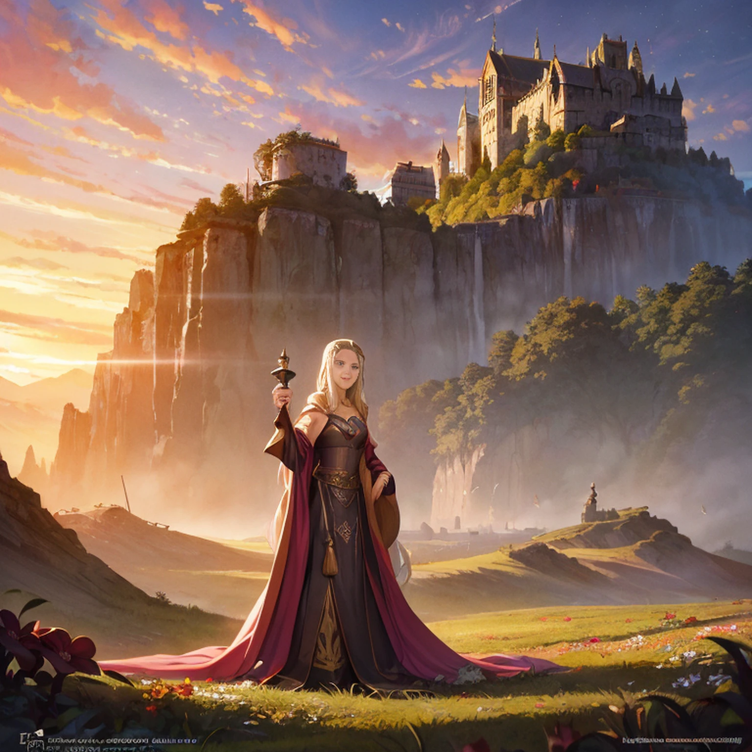 Rainha vestindo um traje vermelho dourado, ((Cate Blanchett), (Galadriel)),  estilo modelshoot, Parece Keira Knightley, (extremamente detalhado CG unidade 8k papel de parede), foto corporal completa da obra de arte mais bonita do mundo, Bruxa medieval inglesa, Vale Verde, pearl skin,coroa de ouro, ouros, Plano de fundo detalhado com arquitetura medieval, professional majestic oil painting by Ed Blinkey, Atey Ghailan, ghibli studio, Directed by: Jeremy Mann, Greg Manxadinho, Antonio Moro, trending on ArtStation, trending in cgsociety, intrincado, High detail, foco nítido, Dramatic, Arte de pintura fotorrealista de Midjourney e Greg Rutkowski