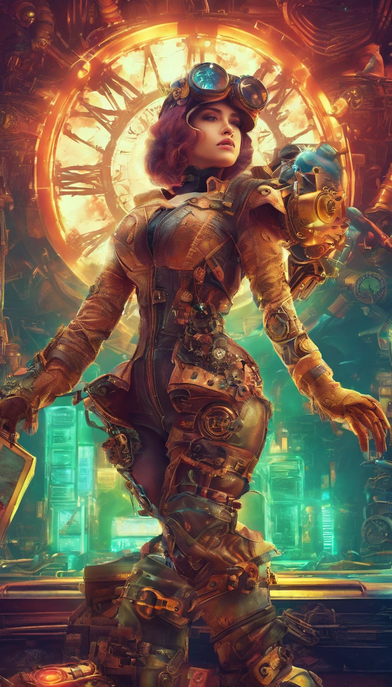 "steampunk assassin, mechanical gear, badass goggles, clockwork prosthetic arm, Victorian clothing, rusty machinery, smoky atmosphere, dimly lit alley, steely determination, advanced weaponry, hazy mysterious background, intricate gears, copper and bronze accents, high contrast lighting, dystopian cityscape, vintage steam-powered vehicles, gritty and industrial, intricate tattoos, a trail of steam, flying mechanical birds, steam whistle sound, badass attitude (best quality, highres, realistic), dramatic lighting, cinematic composition, mesmerizing colors, dynamic action pose"