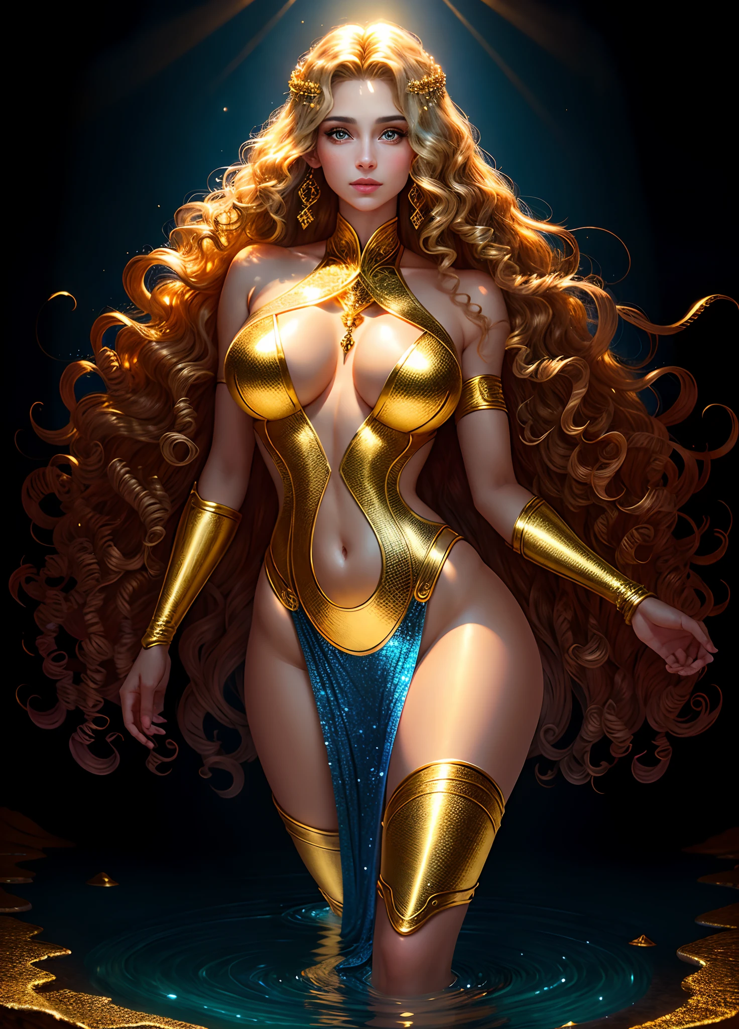 Masterpice, Full body shot, illustration, film light, fantasy, highest quality, super detailed, best quality, masterpiece, (detailed face), tall sexy mature woman, aphrodite goddess, big breasts, goddess face, beautiful face, amazing eyes for goddes, dress made of silk and gold , glowing quicksand, floating embers Crystals, blond hair accessories, metal that reflects sunlight, (body focal length: 1.25), clear blue sky, desert ocean in the background, long curly hair, golden eyes, magic, darkness, light reflection