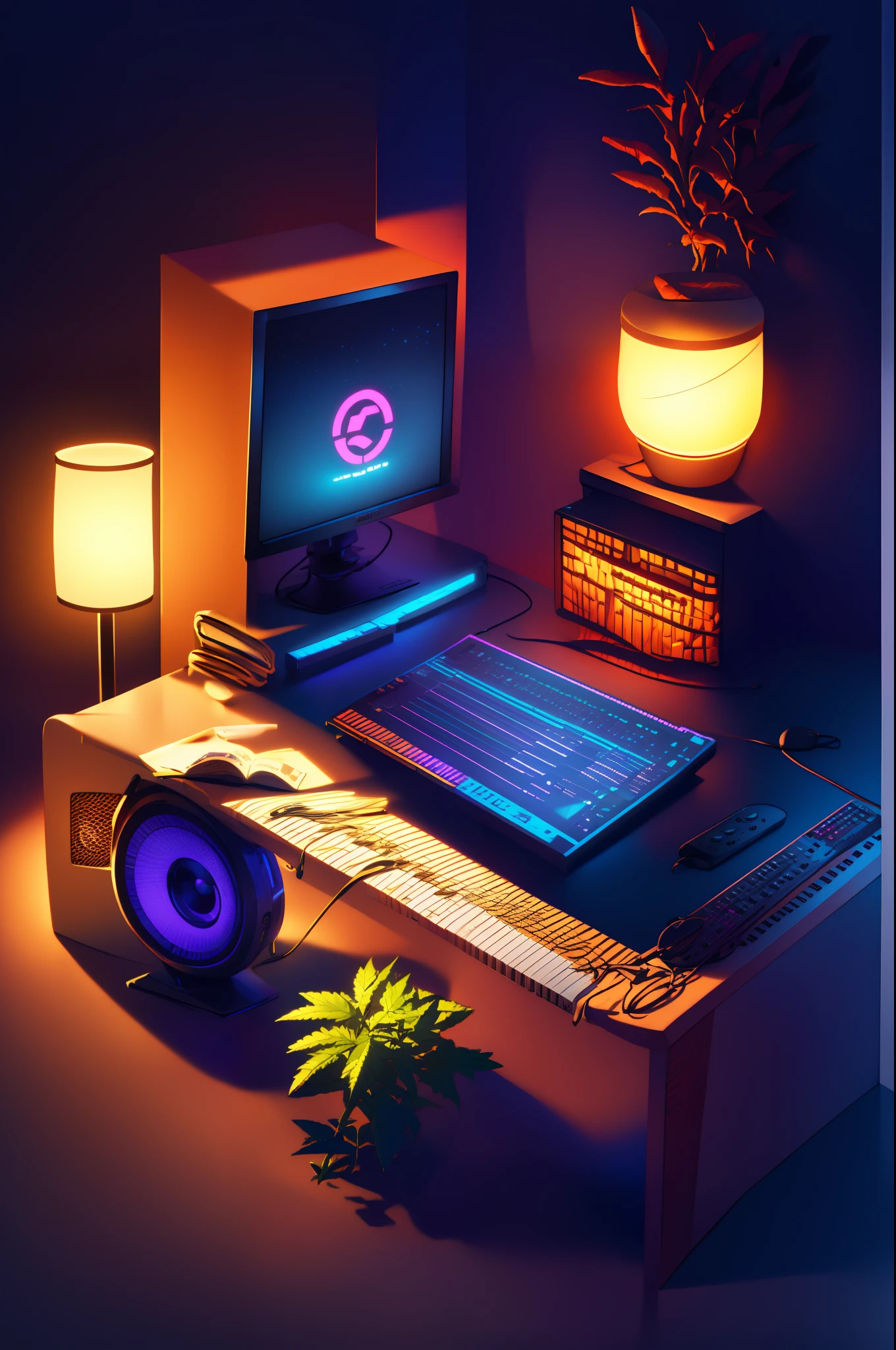 Isometric Music producers computer desk, speakers, monitors, marijuana bong, soft light lamp, cinematic, raytracing, modeling, octane render,unreal render,behance,best quality, 8k,