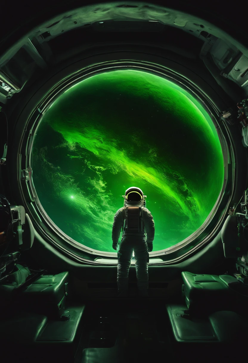 Generate an image of an astronaut facing the fluorescent Green Planet. A unique astronaut is emerging from inside the spacecraft. Back