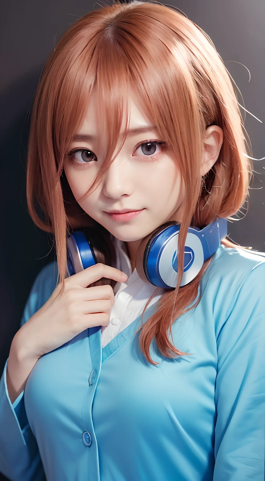 top-quality, 8K, ultra-detailliert, masutepiece, Best Quality, 超A high resolution, top-quality, The Bride of Fifths, Miku Nakano, Wearing headphones, Hair that grows to the shoulders, Chestnut hair, (校服:1.3), Upper body, Y shirt, Blue cardigan, Troubled smile