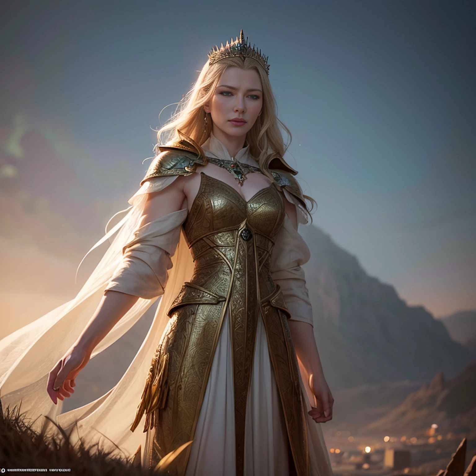 Rainha vestindo um traje vermelho dourado, ((Cate Blanchett), (Galadriel)), estilo modelshoot, Parece Keira Knightley, (extremamente detalhado CG unidade 8k papel de parede), foto corporal completa da obra de arte mais bonita do mundo, Bruxa medieval inglesa, Vale Verde, pearl skin,coroa de ouro, ouros, Plano de fundo detalhado com arquitetura medieval, professional majestic oil painting by Ed Blinkey, Atey Ghailan, ghibli studio, Directed by: Jeremy Mann, Greg Manxadinho, Antonio Moro, trending on ArtStation, trending in cgsociety, intrincado, High detail, foco nítido, Dramatic, Arte de pintura fotorrealista de Midjourney e Greg Rutkowski