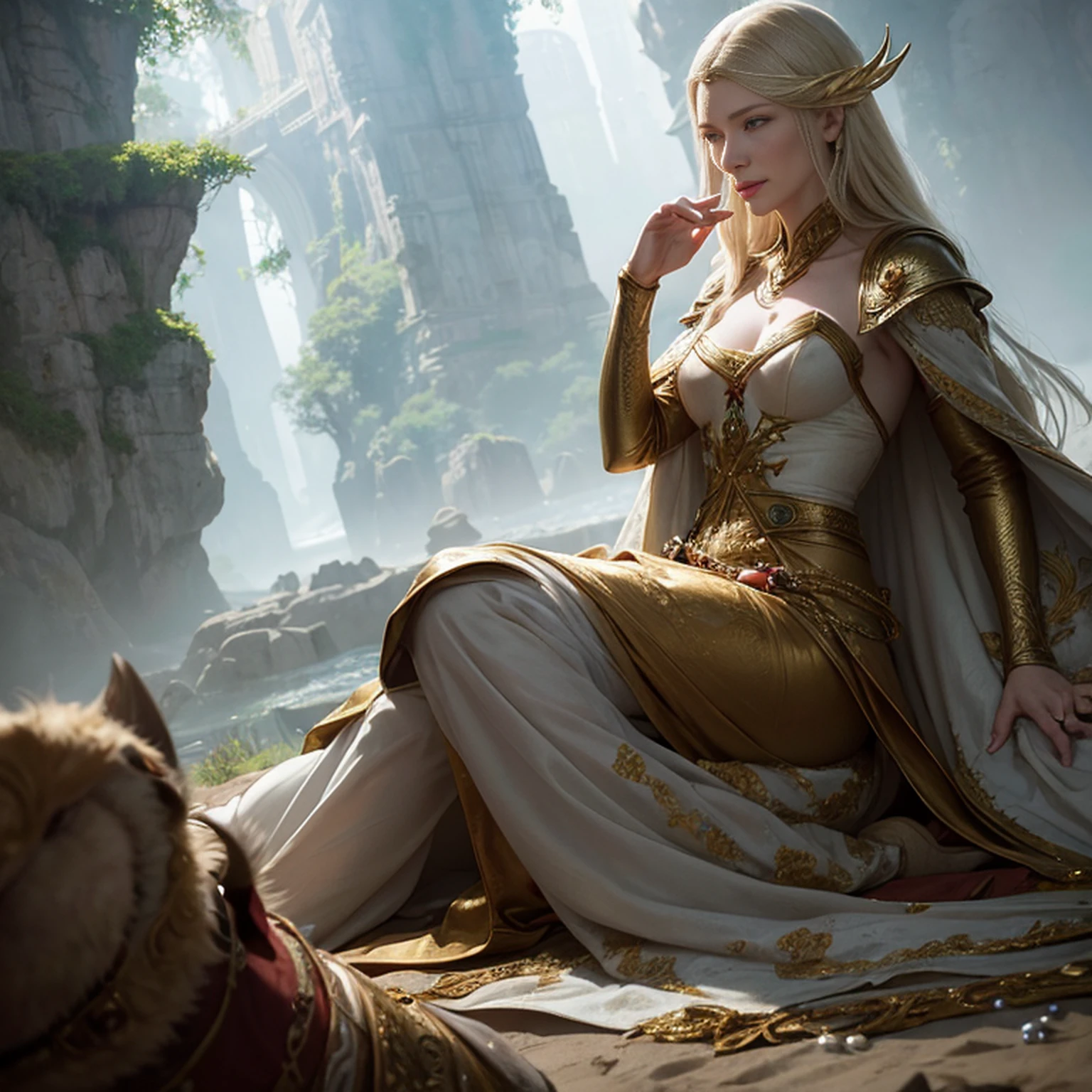 Rainha vestindo um traje vermelho dourado, ((Cate Blanchett), (Galadriel)),  estilo modelshoot, Parece Keira Knightley, (extremamente detalhado CG unidade 8k papel de parede), foto corporal completa da obra de arte mais bonita do mundo, Bruxa medieval inglesa, Vale Verde, pearl skin,coroa de ouro, ouros, Plano de fundo detalhado com arquitetura medieval, professional majestic oil painting by Ed Blinkey, Atey Ghailan, ghibli studio, Directed by: Jeremy Mann, Greg Manxadinho, Antonio Moro, trending on ArtStation, trending in cgsociety, intrincado, High detail, foco nítido, Dramatic, Arte de pintura fotorrealista de Midjourney e Greg Rutkowski