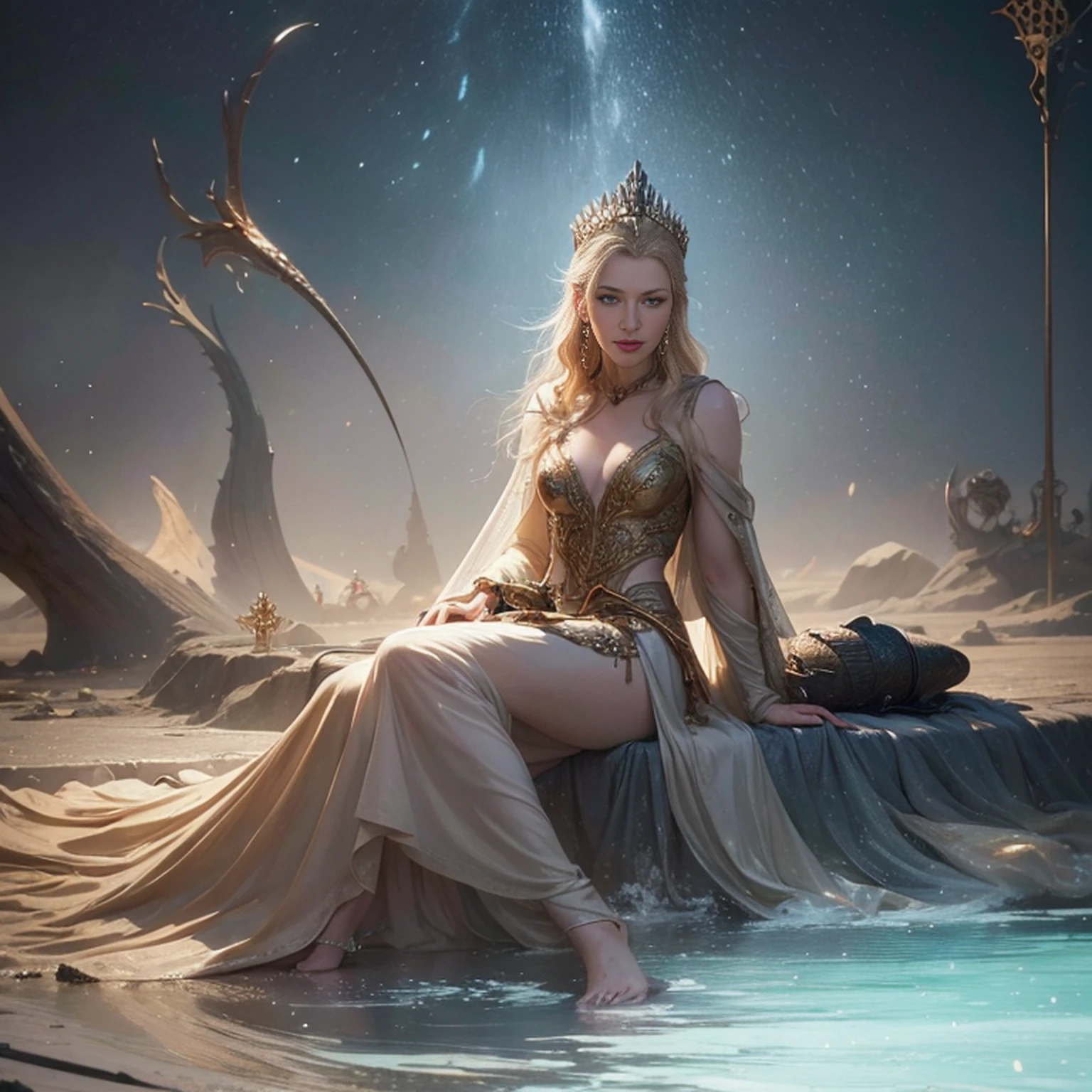 Rainha vestindo um traje vermelho dourado, ((Cate Blanchett), (Galadriel)),  estilo modelshoot, Parece Keira Knightley, (extremamente detalhado CG unidade 8k papel de parede), foto corporal completa da obra de arte mais bonita do mundo, Bruxa medieval inglesa, Vale Verde, pearl skin,coroa de ouro, ouros, Plano de fundo detalhado com arquitetura medieval, professional majestic oil painting by Ed Blinkey, Atey Ghailan, ghibli studio, Directed by: Jeremy Mann, Greg Manxadinho, Antonio Moro, trending on ArtStation, trending in cgsociety, intrincado, High detail, foco nítido, Dramatic, Arte de pintura fotorrealista de Midjourney e Greg Rutkowski