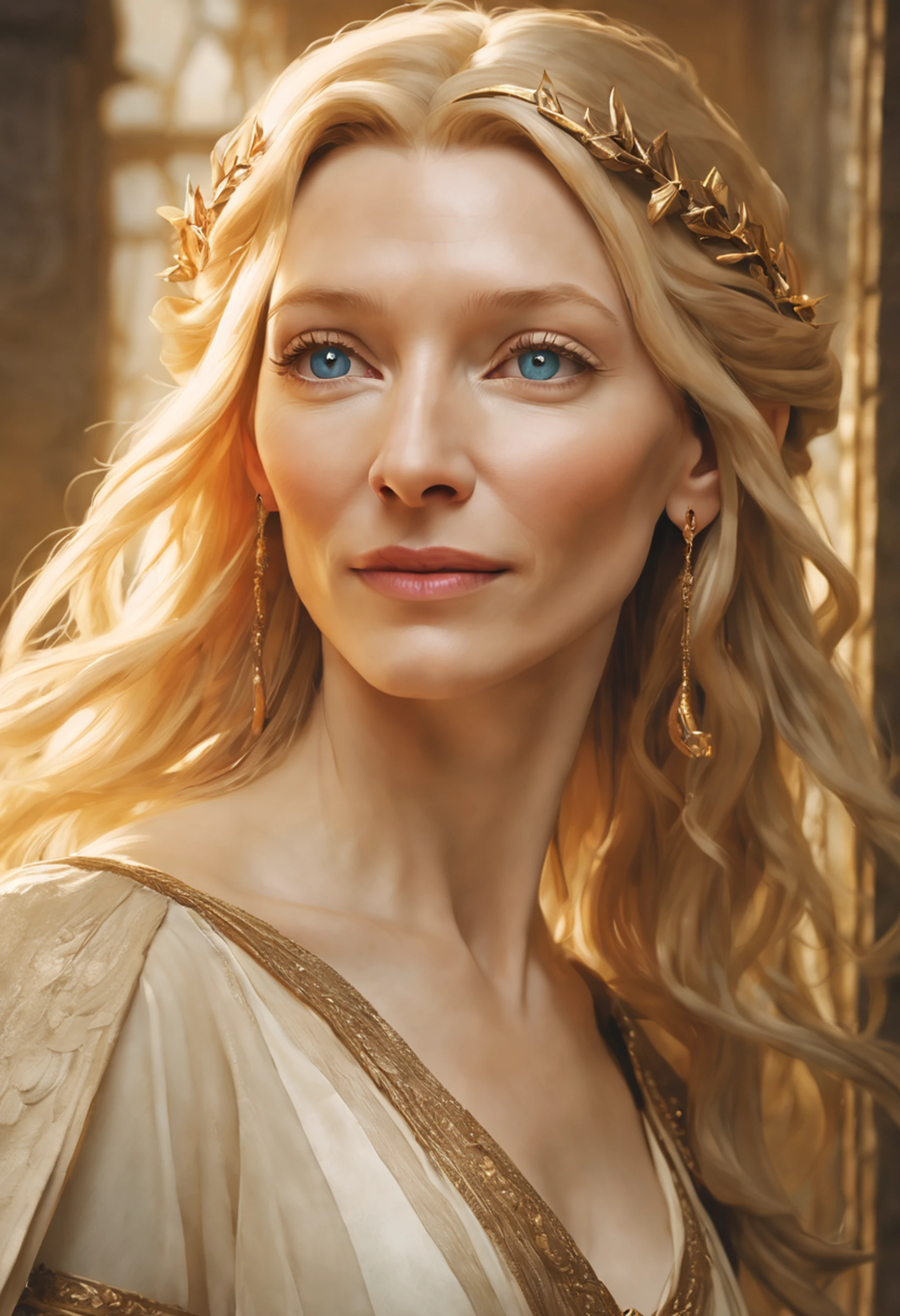 ((Cate Blanchett), (Galadriel)),  estilo modelshoot, Parece Keira Knightley, (extremamente detalhado CG unidade 8k papel de parede), foto corporal completa da obra de arte mais bonita do mundo, Bruxa medieval inglesa, Vale Verde, pearl skin,coroa de ouro, ouros, Plano de fundo detalhado com arquitetura medieval, professional majestic oil painting by Ed Blinkey, Atey Ghailan, ghibli studio, Directed by: Jeremy Mann, Greg Manxadinho, Antonio Moro, trending on ArtStation, trending in cgsociety, intrincado, High detail, foco nítido, Dramatic, Arte de pintura fotorrealista de Midjourney e Greg Rutkowski